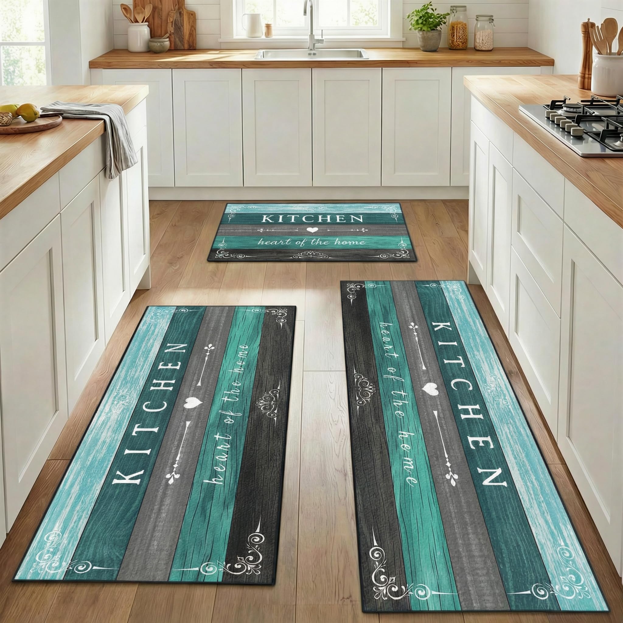Lot de 3 tapis de cuisine lavables et antidérapants au design bois rustique turquoise