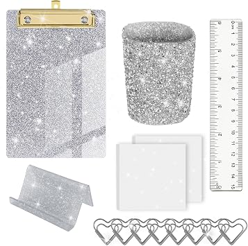 Glitter Office Supplies Set Desk Accessories, Including Acrylic Small A6 Clipboard, Business Card Holder, Pen Holder, Transparent Sticky Notes, Heart Shaped Paper Clips, Ruler, Silver