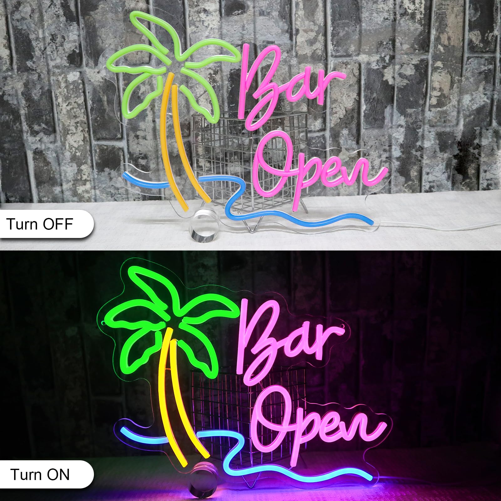 Enseigne Néon Bar Ouvert Panneau Néon Palmier Décoration Murale Lampe Néon USB LED Open Bar Bière Club