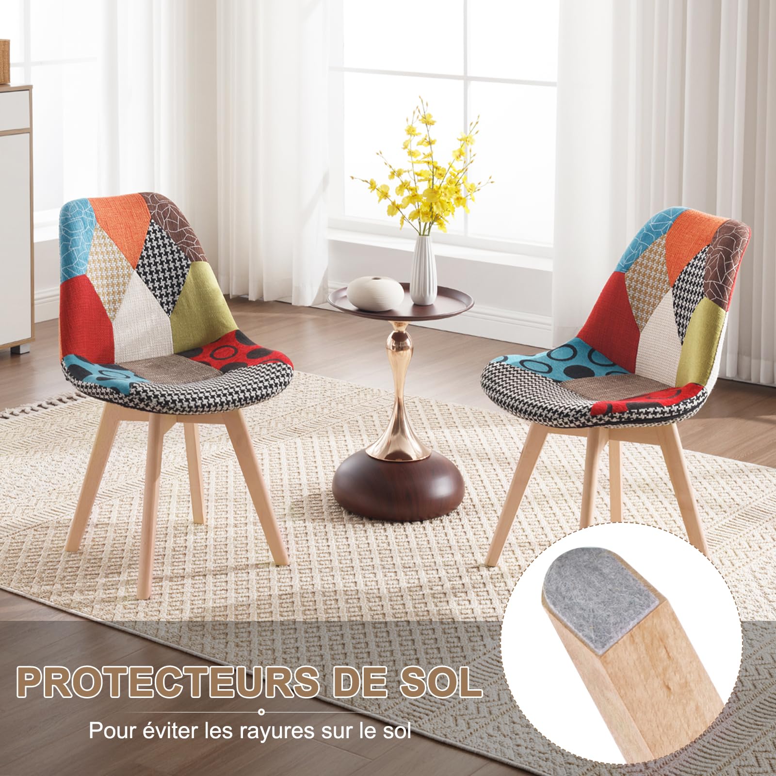 WOLTU 4 X Chaises Salle à Manger, Chaise Patchwork, en Lin + Bois Multicolore BH29mf-4