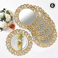 Vista 6 de MAONAME Juego de 6 platos de carga dorados de 13 pulgadas, cargador de espejo para platos llanos, cargadores de platos de plástico con borde