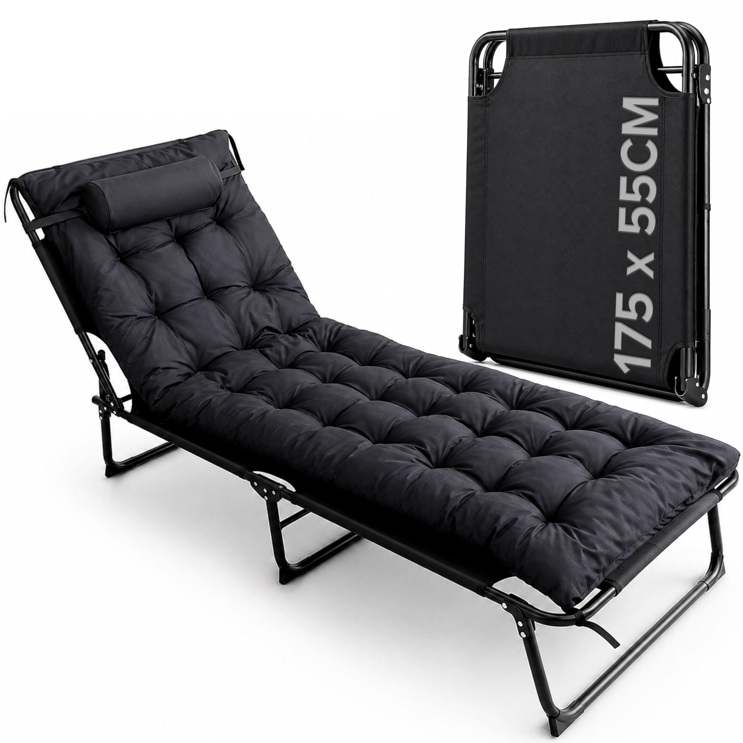 volila Camping Bed - 69 Inch Heavy Duty Folding Bed with Cushion, Adjustable Backrest and Pocket - Ideal for Garden, Beach, Sunbathing