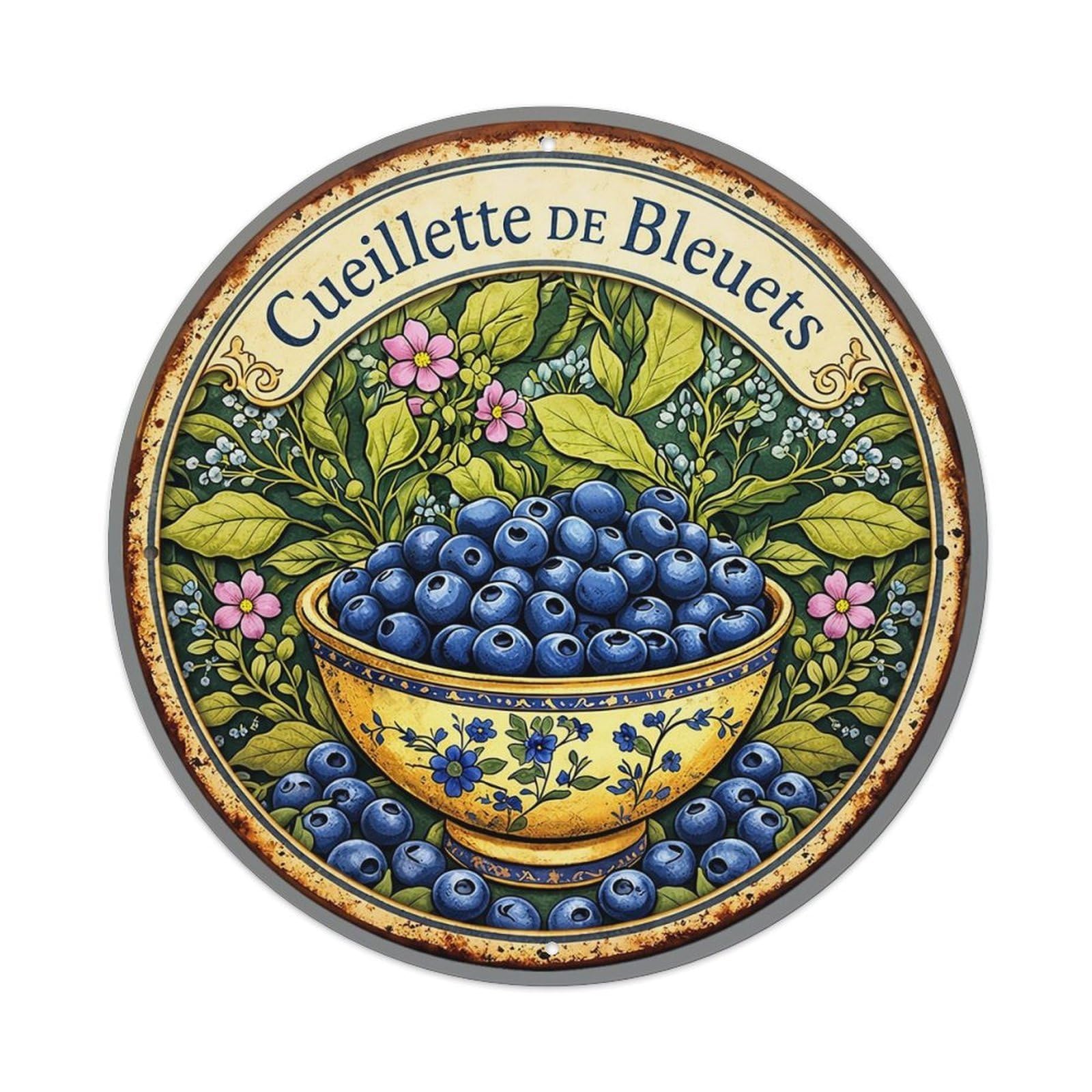 Blueberry Bowl Floral Pattern Design Vintage Round Tin Sign Retro Metal Wall Decor Metal Poster, Home Bar Garage Cafe Wall Art Decoration 8x8Inches