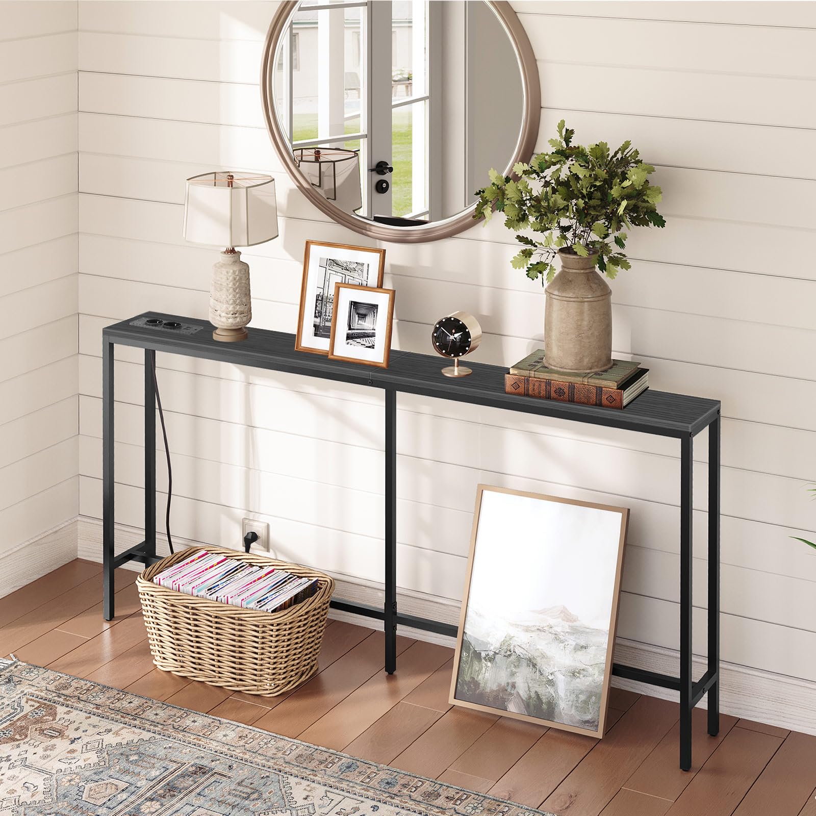 MAHANCRIS Mesa Consola Delgada con Estación de Carga, Mesa Auxiliar de 160 cm, Mesa de Pasillo Detrás de Dofá, Mesa Expositora para Sofá, Pasillo, Sala de Estar, Negro ACTBK165UE01