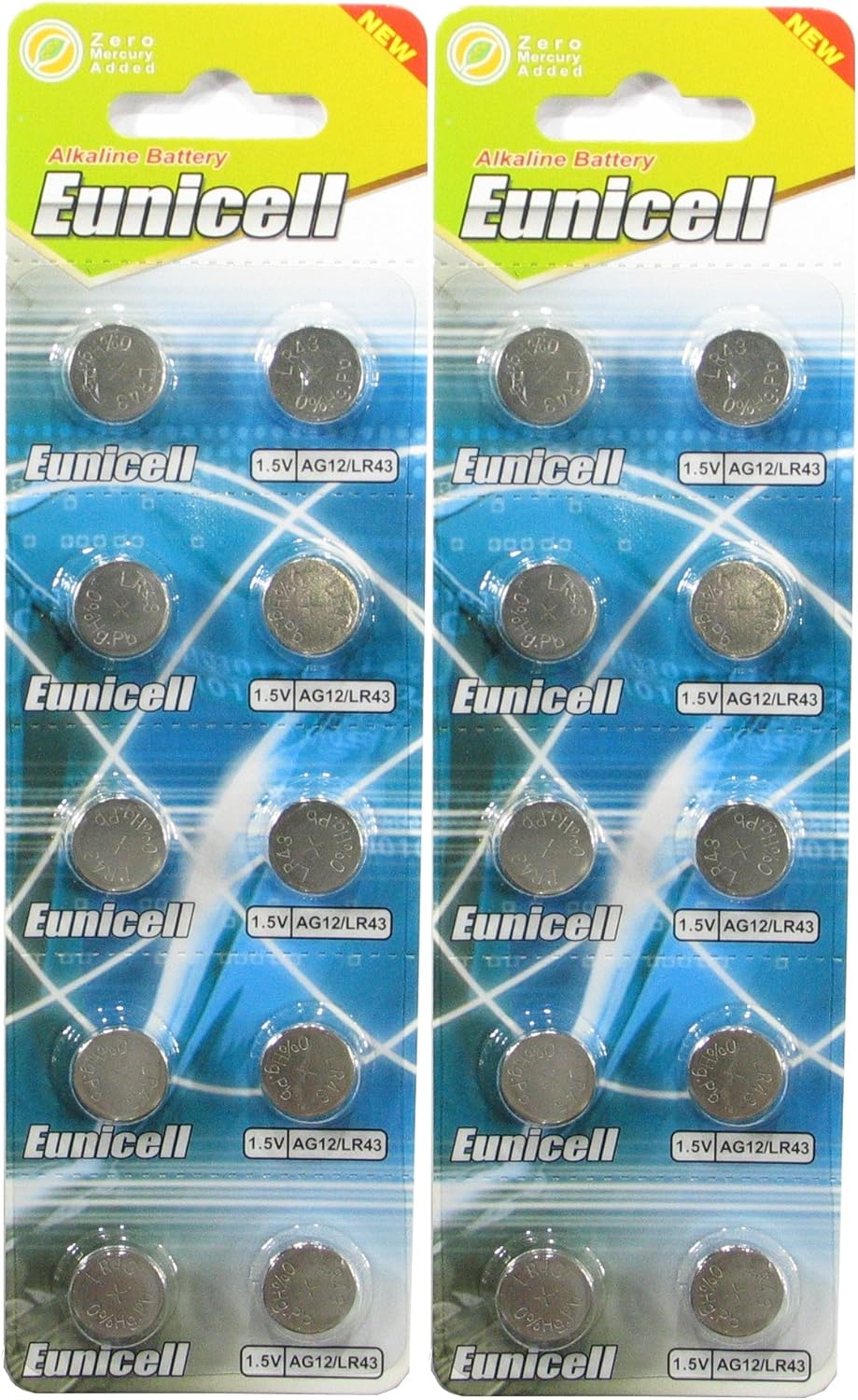 20 Eunicell AG12 / LR43 / 186 / 386 Button Cell 1.5V Battery Long Shelf