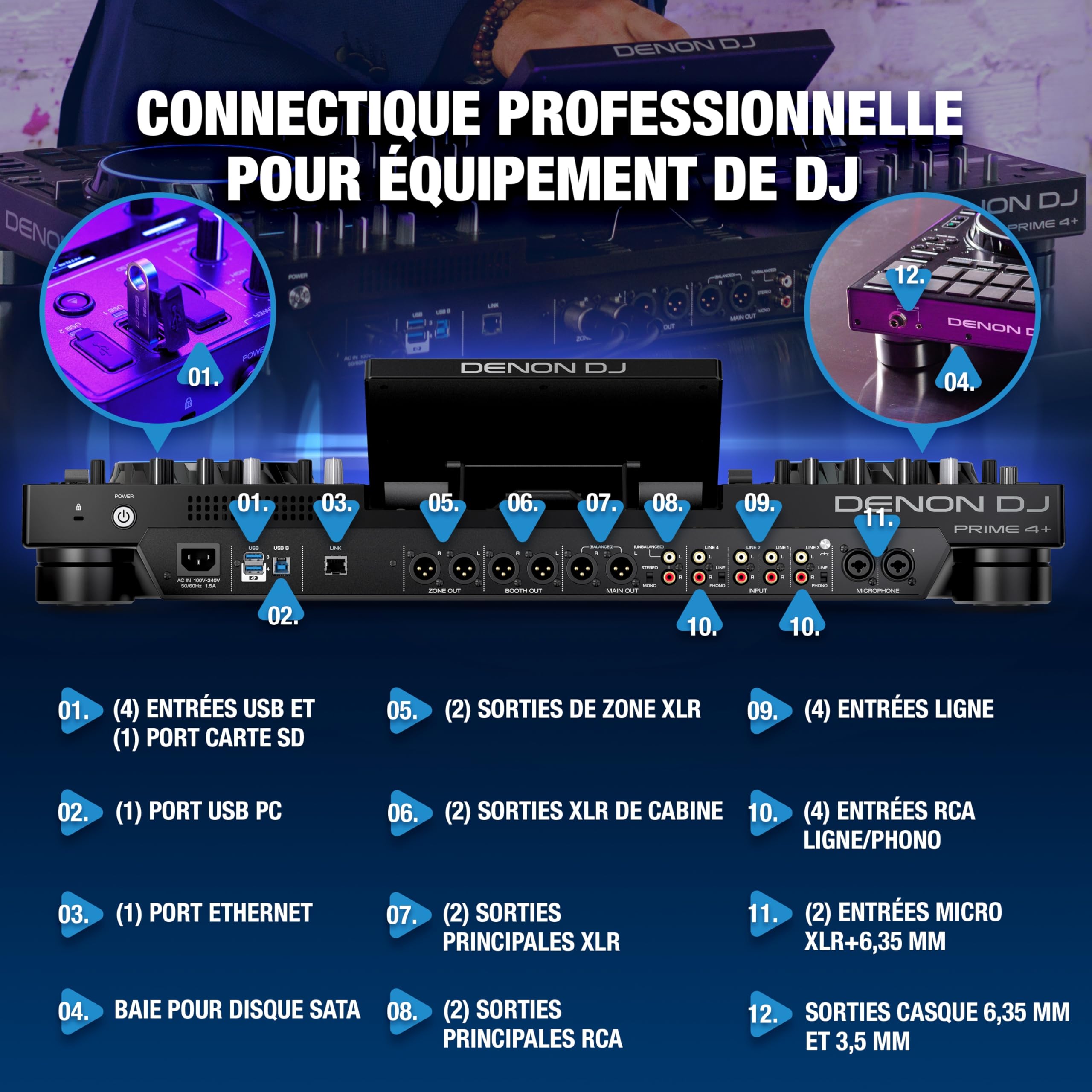Denon DJ PRIME 4+ Contrôleur DJ Autonome avec Séparation Stem Sur 4 Platines, Streaming Wi-Fi, Drop Sampler, Écran Tactile 10.1", Contrôle Éclairage, Noir