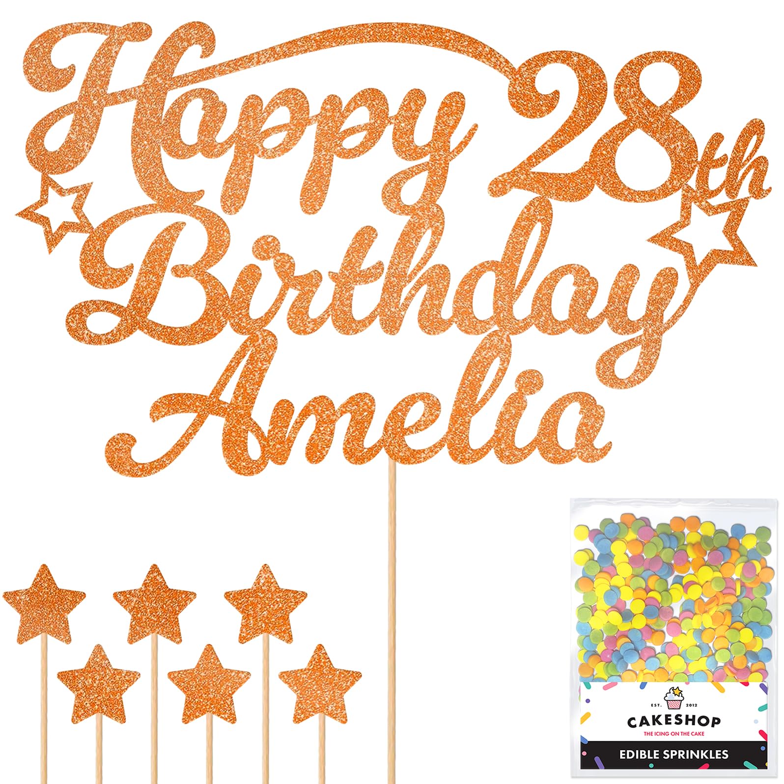 Personalised Happy Birthday Glitter Cake Topper Stars - Rust Orange Any Name & Any Age Glitter Cake Decoration and Sprinkles - Happy Birthday Decorations - Personalised Toppers for Cakes by Cakeshop