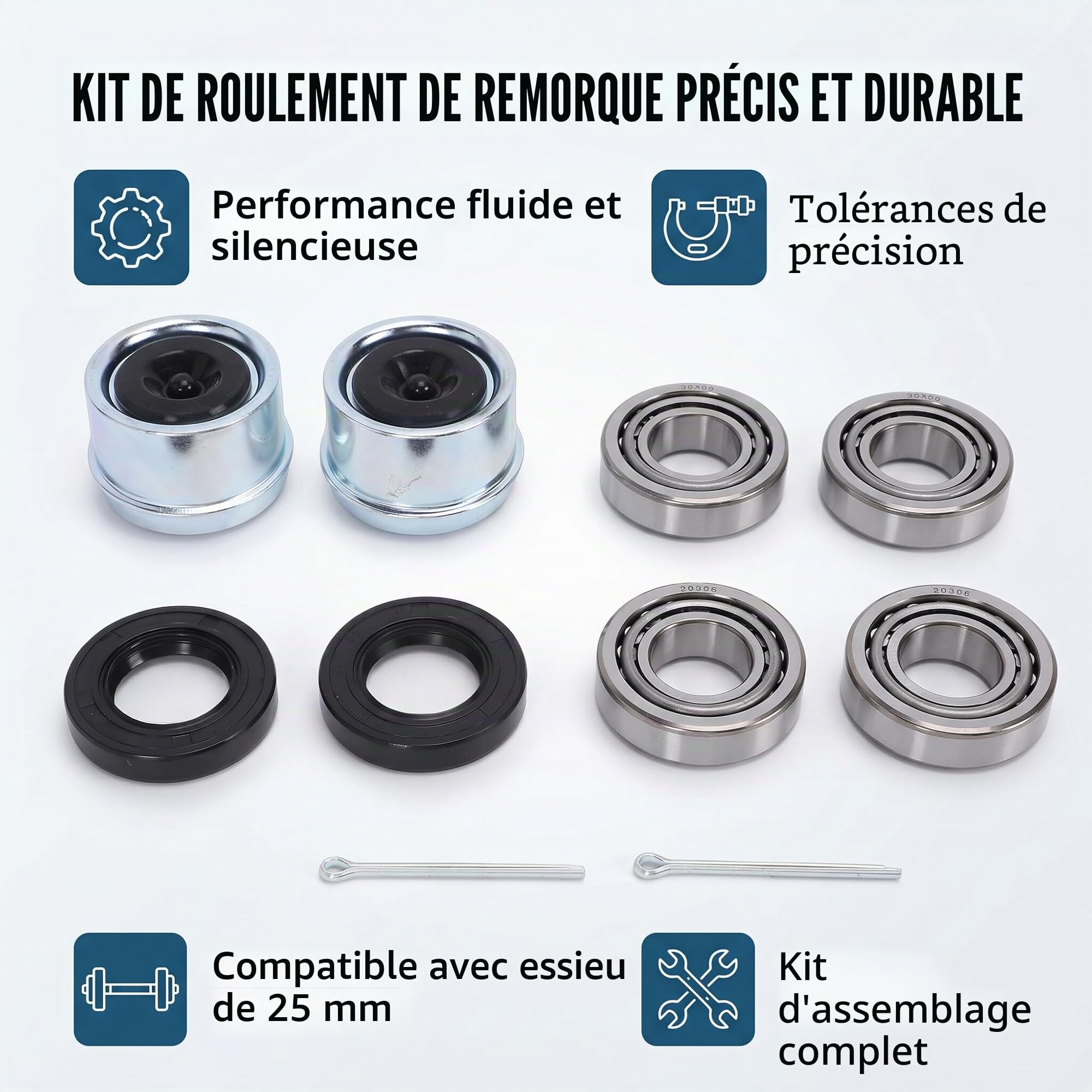 Cocoarm Kit de Roulements de Moyeu de Roue de Remorque, Acier Cr avec Roulements 30205 pour Essieux de Remorque Légère