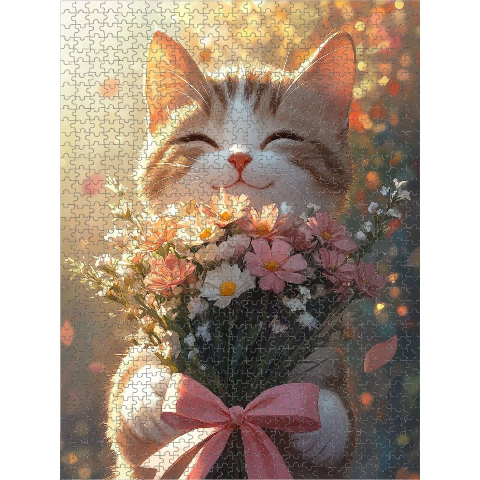 1000 sztuk puzzle dla dorosłych kot i kwiat solidne drewniane puzzle 1T#2405 | Drewniane puzzle, precyzyjne cięcie, jasne atramenty, relaksujący wypoczynek, wystrój domu, prezent, 50x75cm