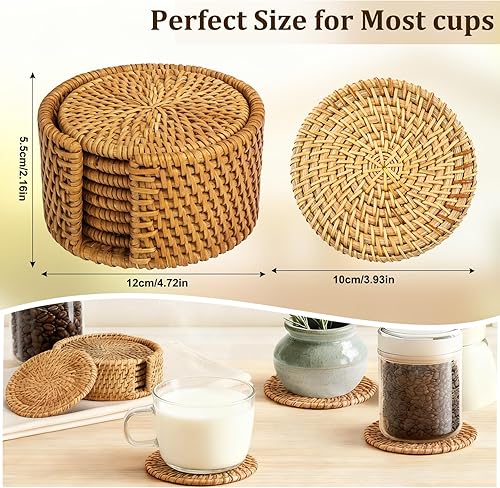 Miniatura 2 de 6 posavasos de ratán hechos a mano con soporte, posavasos tejidos para bebidas, posavasos redondos de ratán, decoración de mesa auxiliar de madera