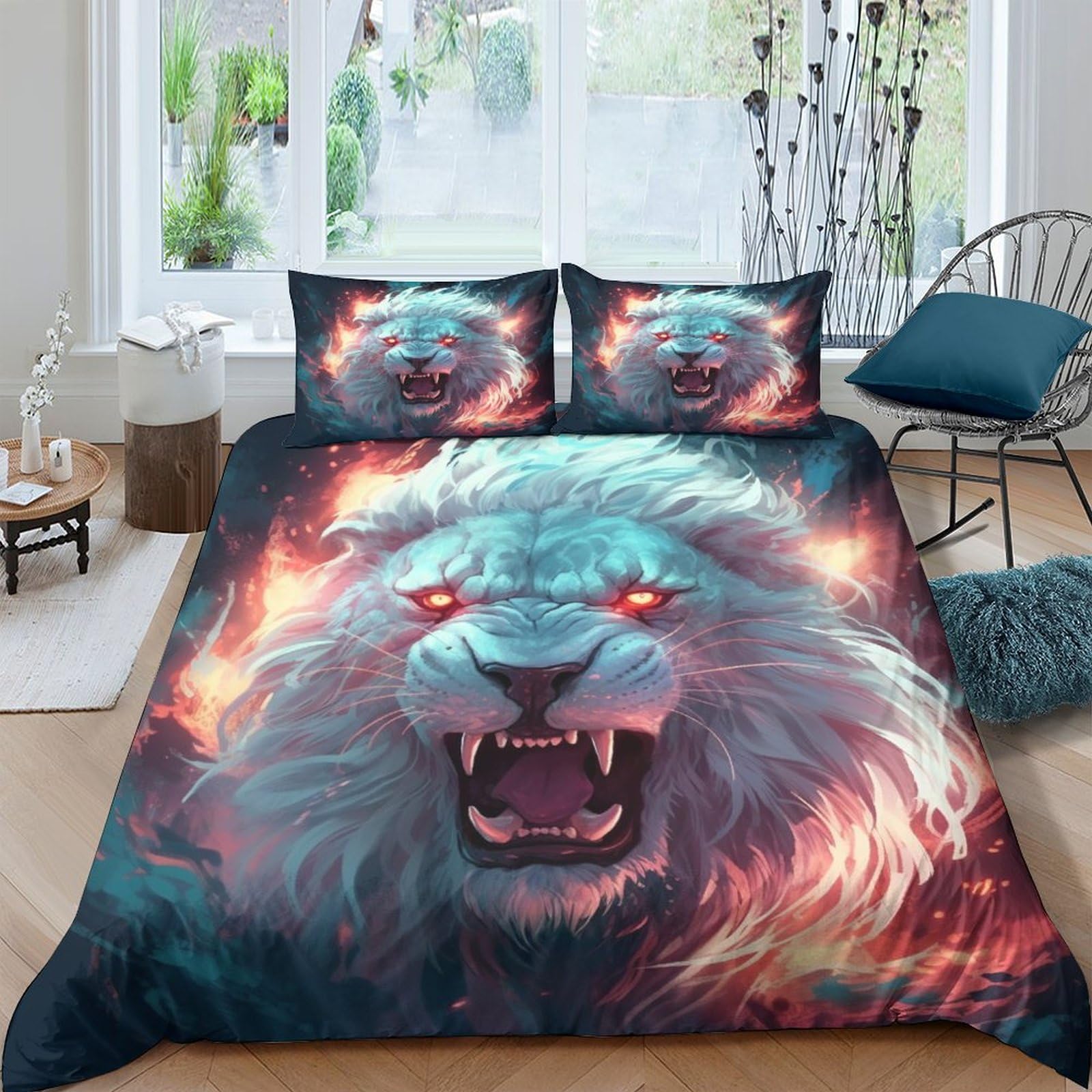 Parure de lit lion blanc 220x240 cm avec housse de couette 3D et taies