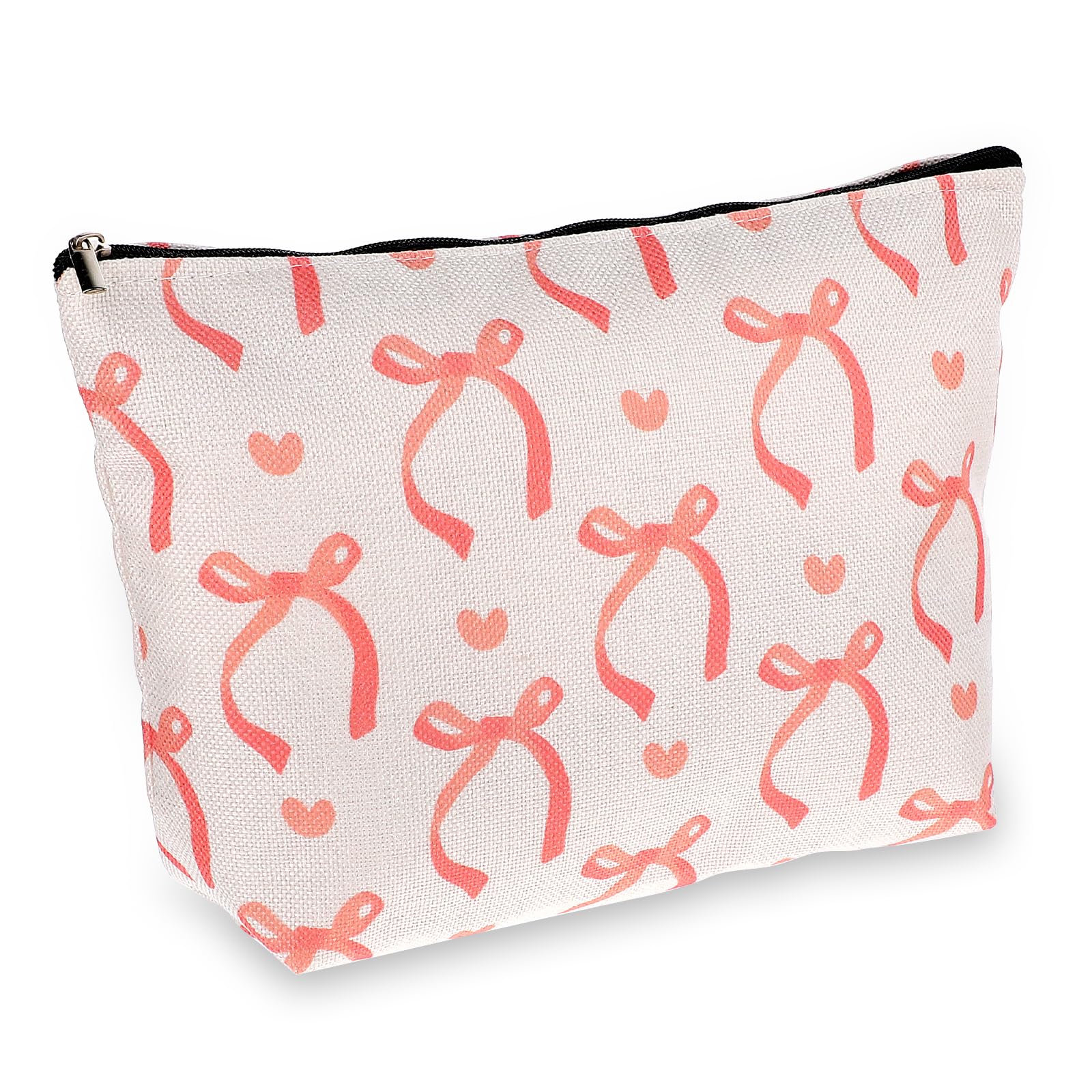 QianyuPink Bow Makeup Bag for Women Cute Trendy Travel Toiletry Bag with Zipper Canvas Cosmetic Storage Pouch Aesthetic Bow Purse Organizer Bag for Home School
