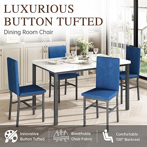 Miniatura 4 de Juego de mesa de comedor AWQM para 4, juego de mesa de comedor moderno de mármol con 4 sillas tapizadas en terciopelo, juego de mesa de comedor para