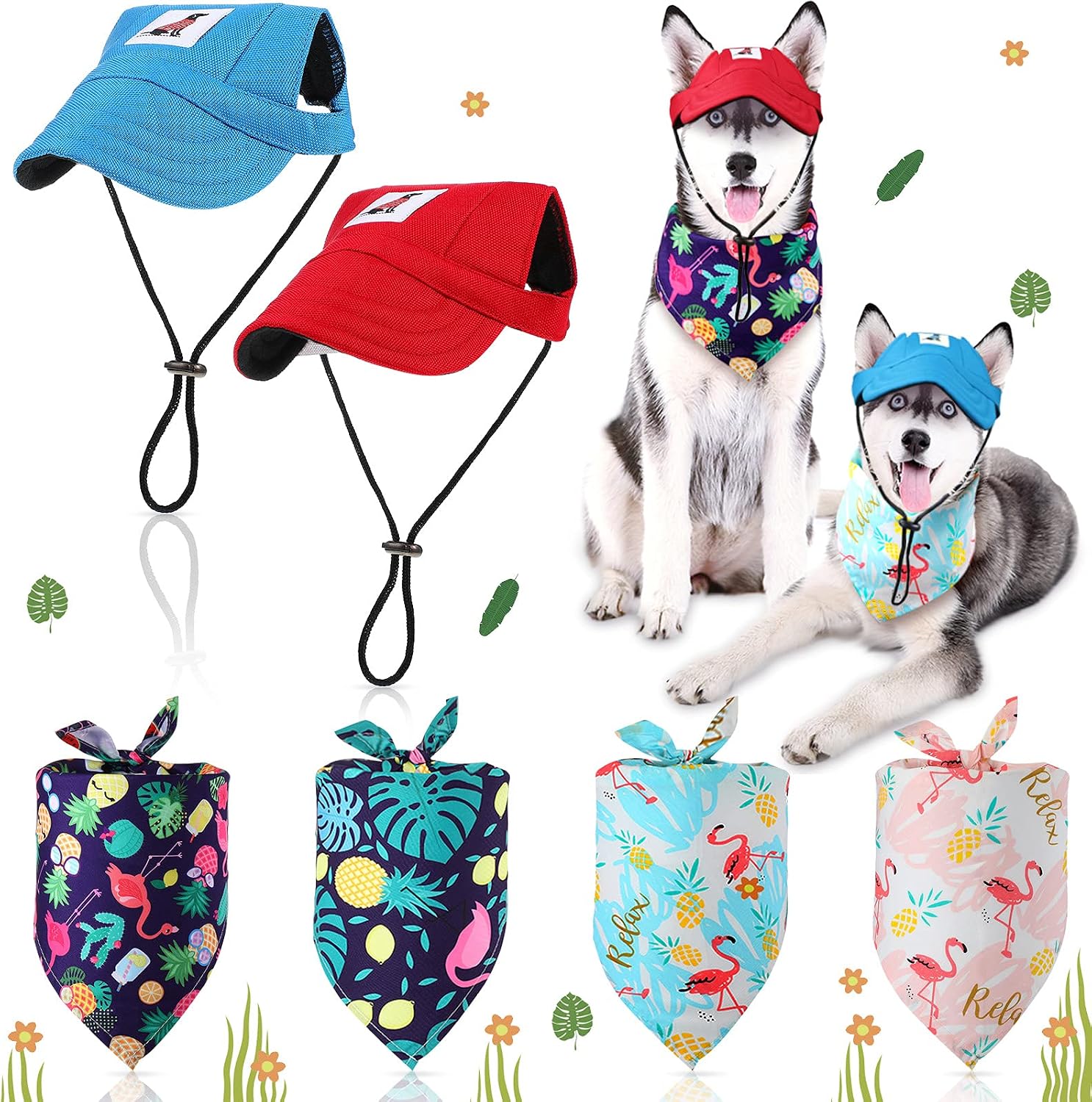 6 Pieces Dog Baseball Hat Bandanas Set Adjustable Size Pet Dog Outdoor Sport Sun Protection Triangle Scarf for Small Medium Pets (Forest…