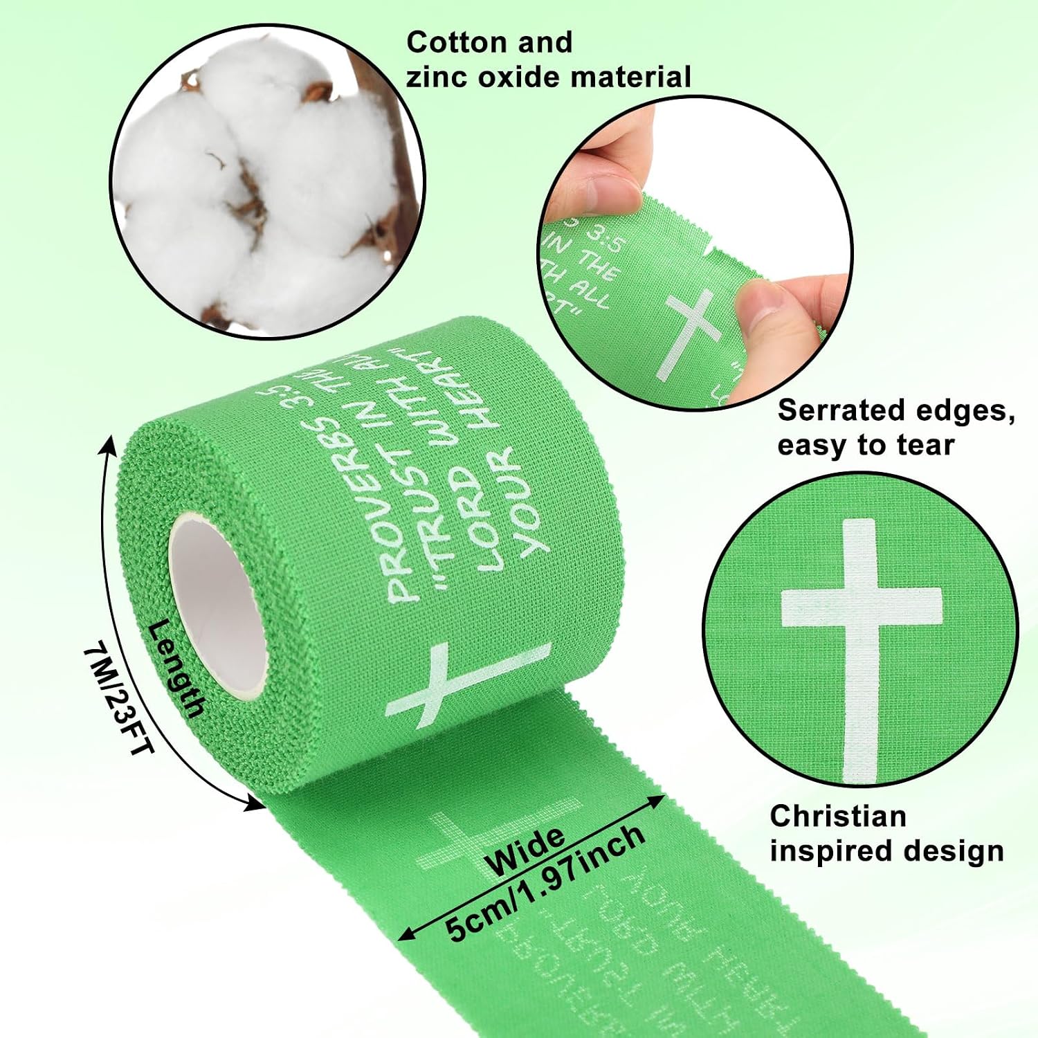 MiniInflat 2 Pcs Christian Cross Athletic Tape Sports Tape 2in x 23ft Religion Jesus Wrist Wrap for Soccer Football Baseball, Gift for Graduation Teacher Nurses Week Pentecost(Green,Proverbs)