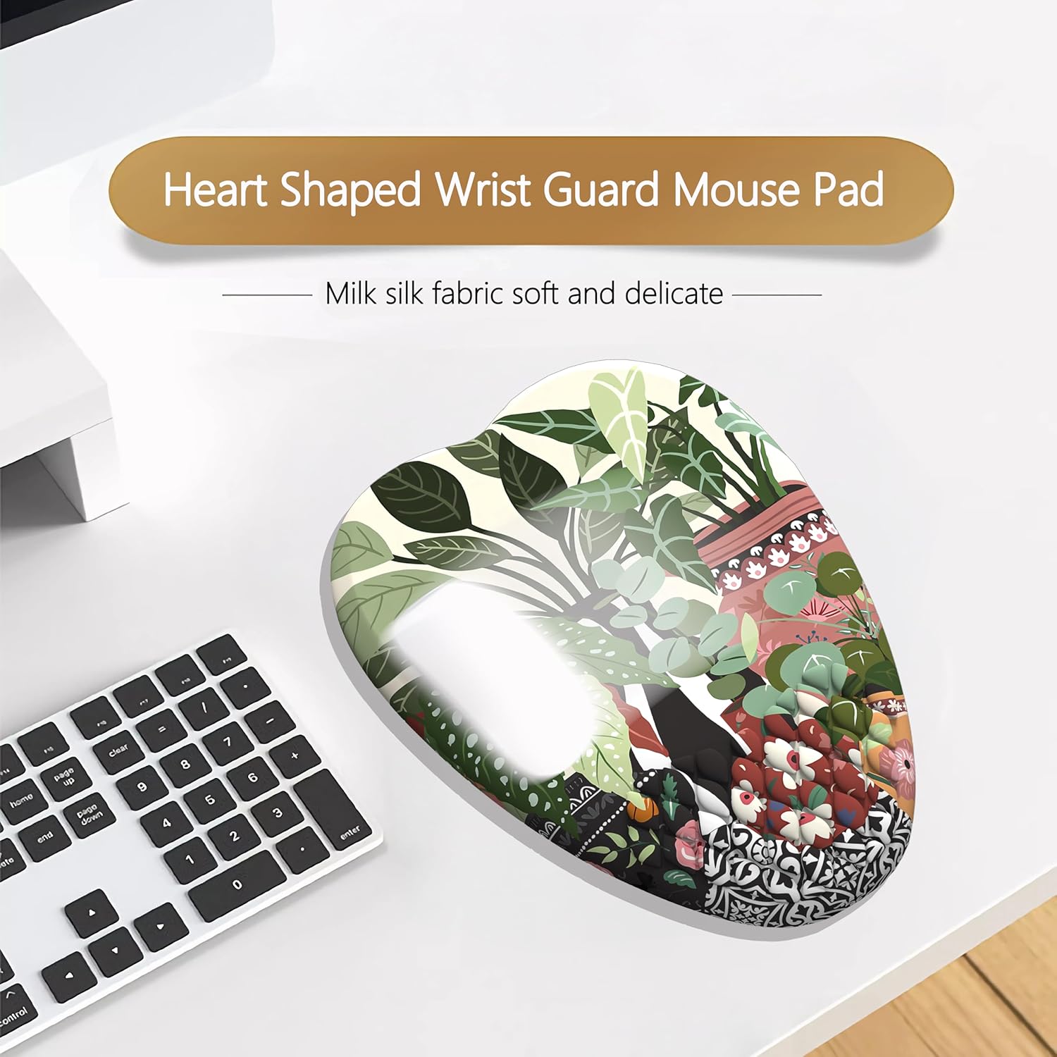 Heart-Shaped Design Wrist Rest for Vintage Plants Mouse Pads Boho White Flowers Mouse pad for Women Ergonomic Gaming Mousepad with Wrist Support, Quality Milk Silk Fabric＆Anti-Slip PU Base