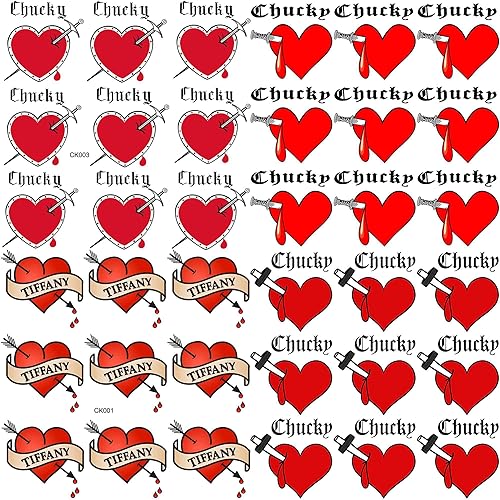 COKTAK Juego de 36 piezas de tatuajes de corazón de novia de Chucky para mujeres, hombres, niños y adultos, kit de maquillaje de Zombie Chucky