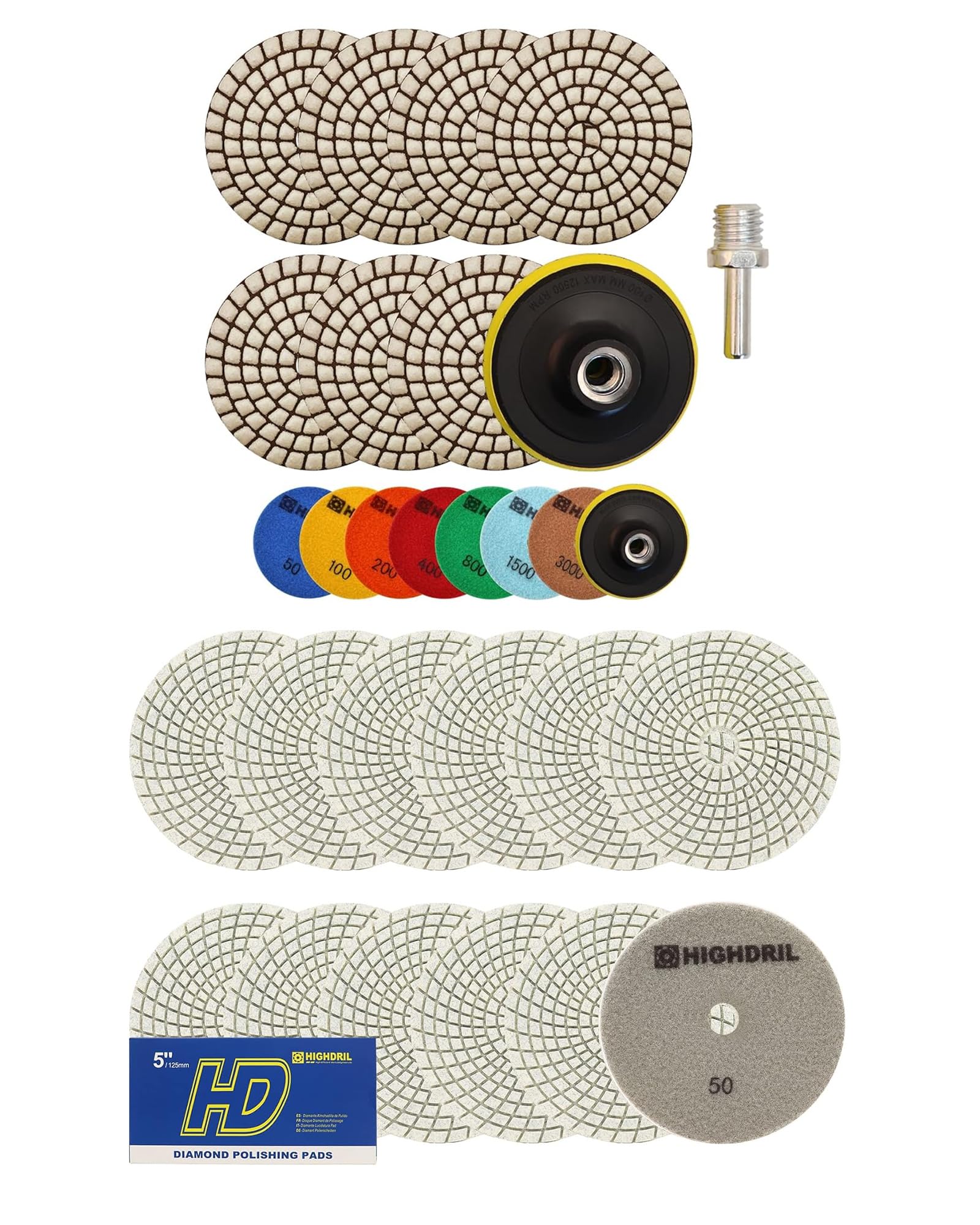 HIGHDRIL Dischi Diamantati per Lucidatura (set da 7 pezzi) e HIGHDRIL Tamponi Diamantati 125mm