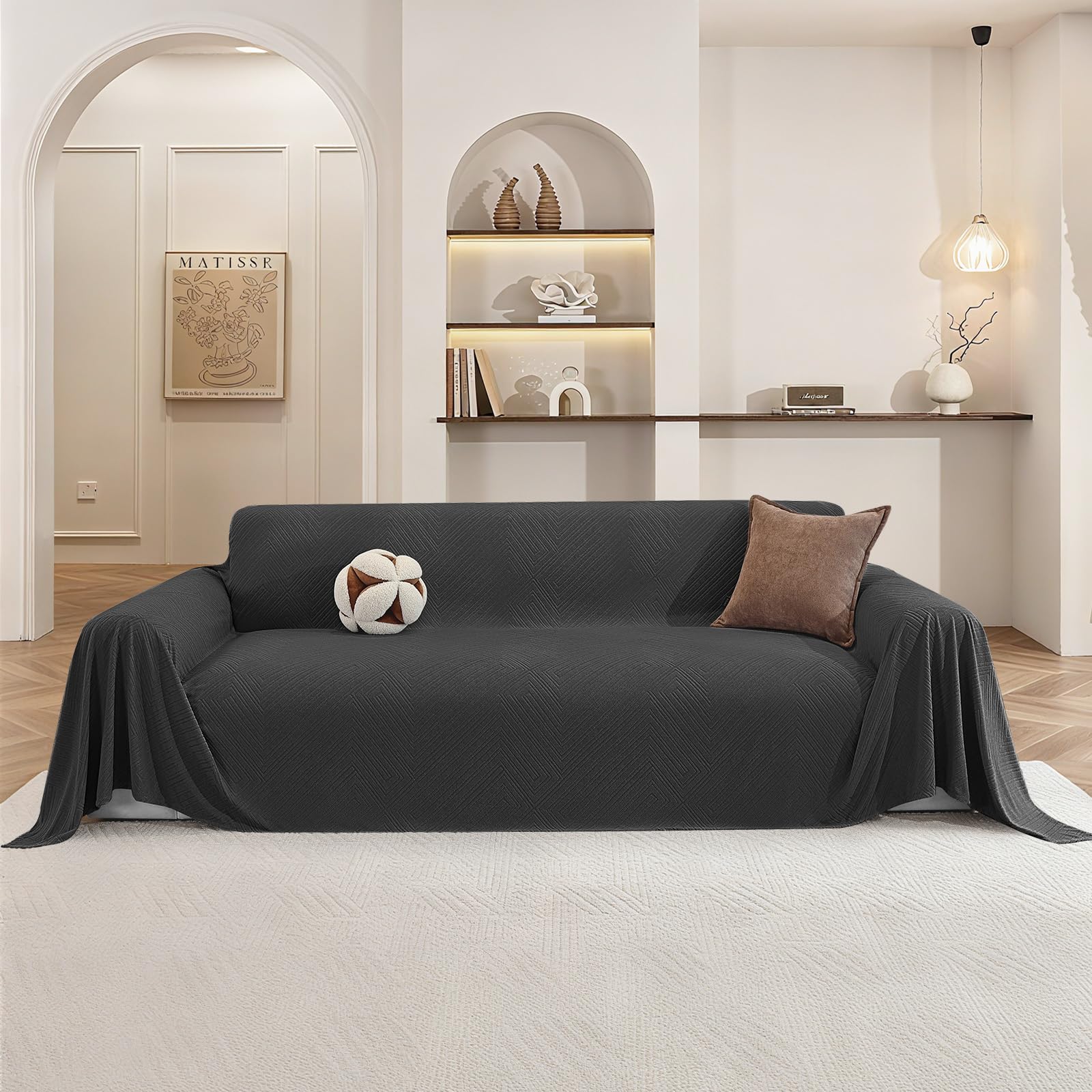 Ystyle 3 Seater Sofa Cover, 200 x 340 cm, Non-Slip Sofa Cover, Stain Resistant Sofa Covers, Large Sofa Cover, Soft and Comfortable Sofa Protector, Washable Sofa Cover, Dark Grey Global Recycled Standard Global Recycled Standard Global Recycled Standard