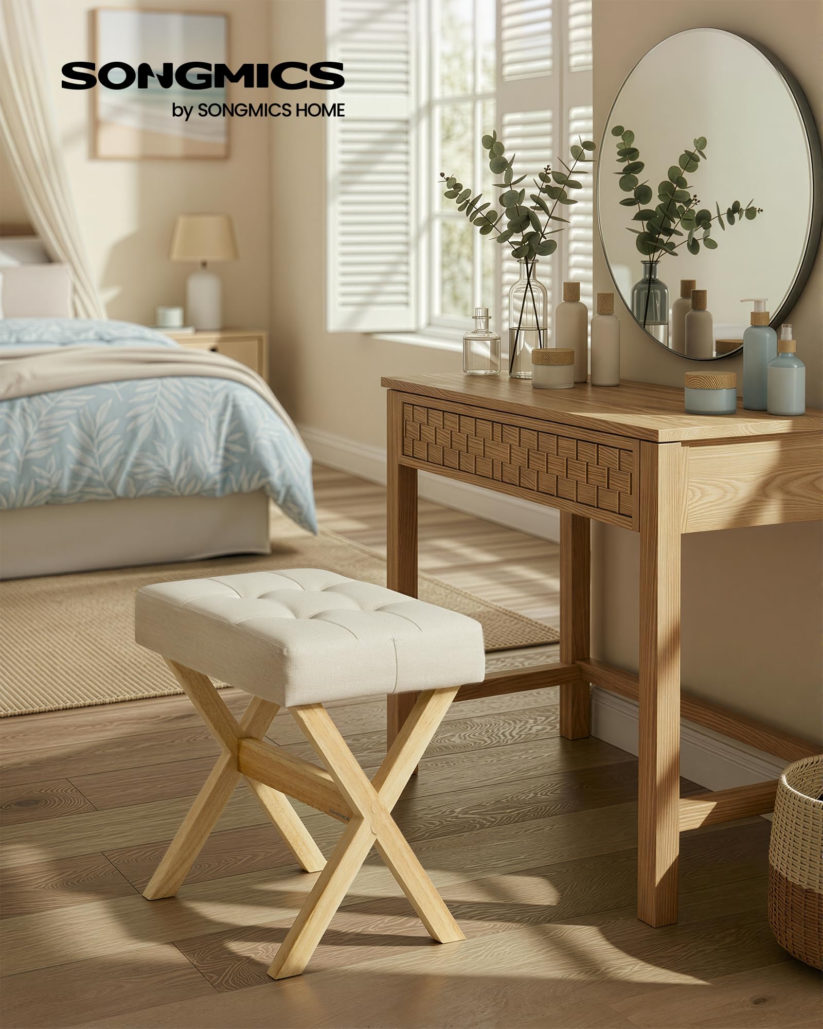 SONGMICS Makeup Stool, Padded Vanity Stool, Foot Rest, Solid Wood X Legs, for Bedroom, Closet, Entryway, 12.6 x 16.5 x 18.1 Inches, Summer Sand and Natural Beige ULSF006LF02 - 3