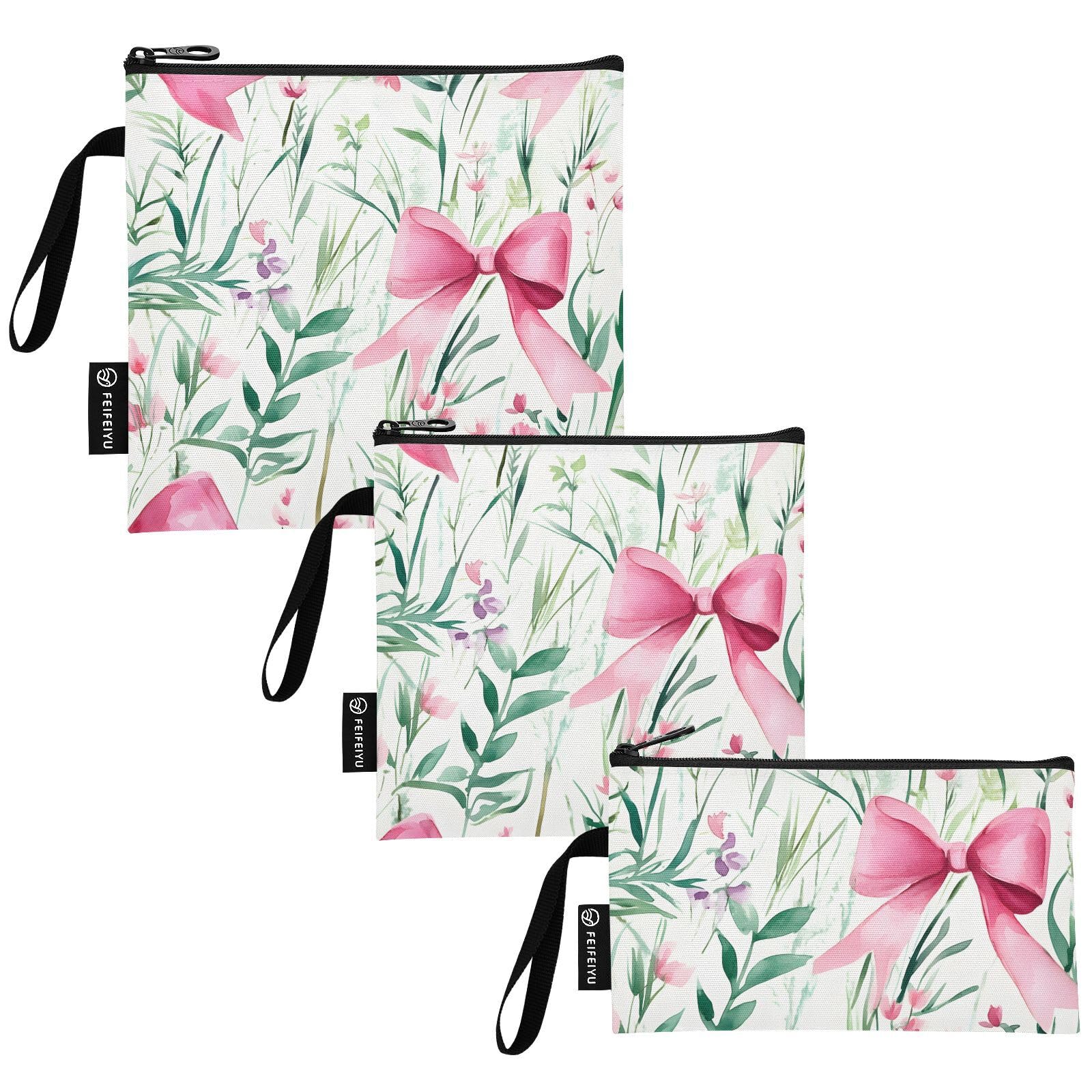 Reusable Sandwich and Snack Bags, Pink Bow Green Grass Pattern for Adults or Lunch, Washable Fabric, Waterproof Cloth Zip Bag, Travel Pouch, Food-Safe Storage 3-pk