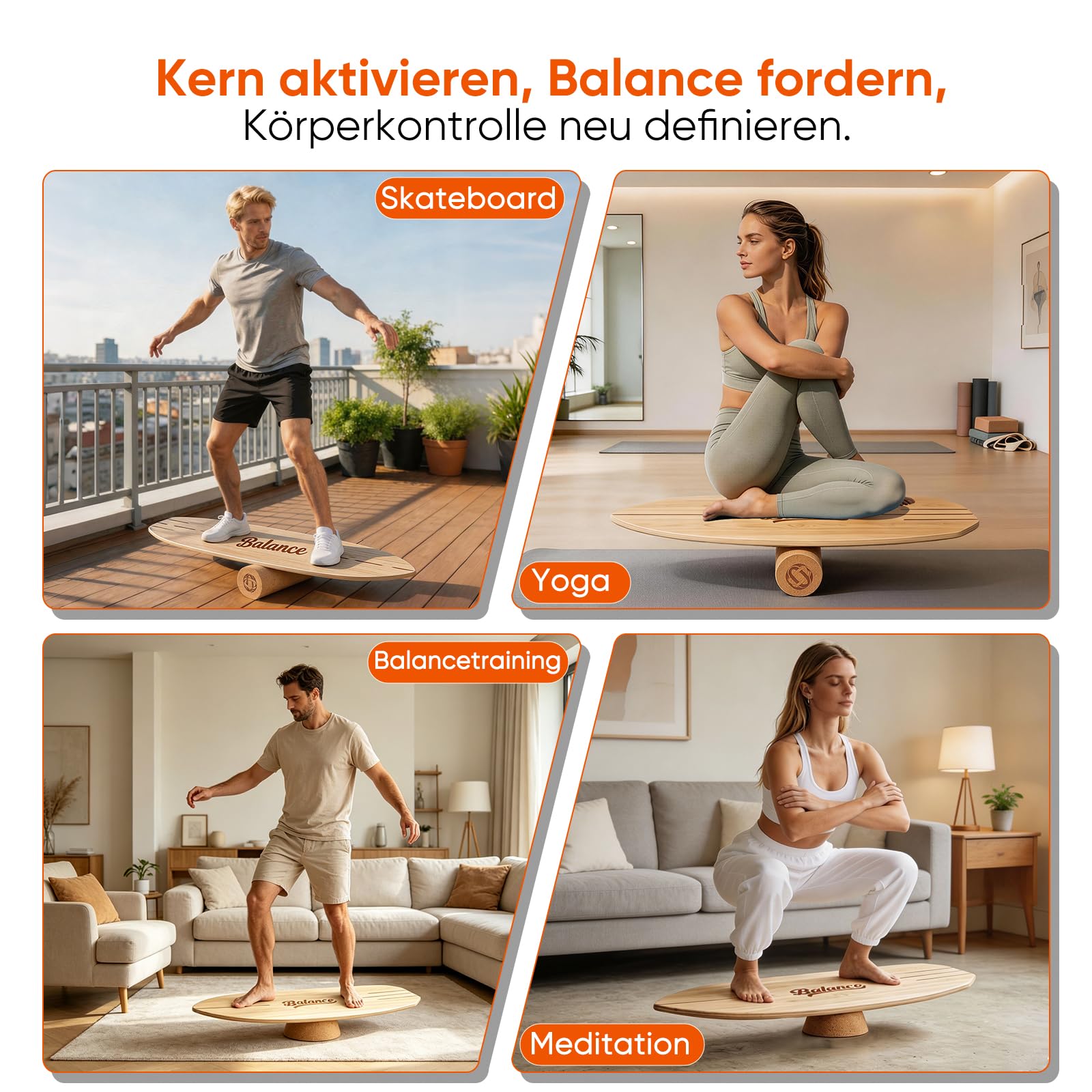 Balance Board aus Massivholz, 78 x 30 cm, bis 204 kg – Komplett-Set mit Rolle, Halbkugel & Faszienball – rutschfestes Gleichgewichtsboard für Fitness, Yoga & Reha,Holz