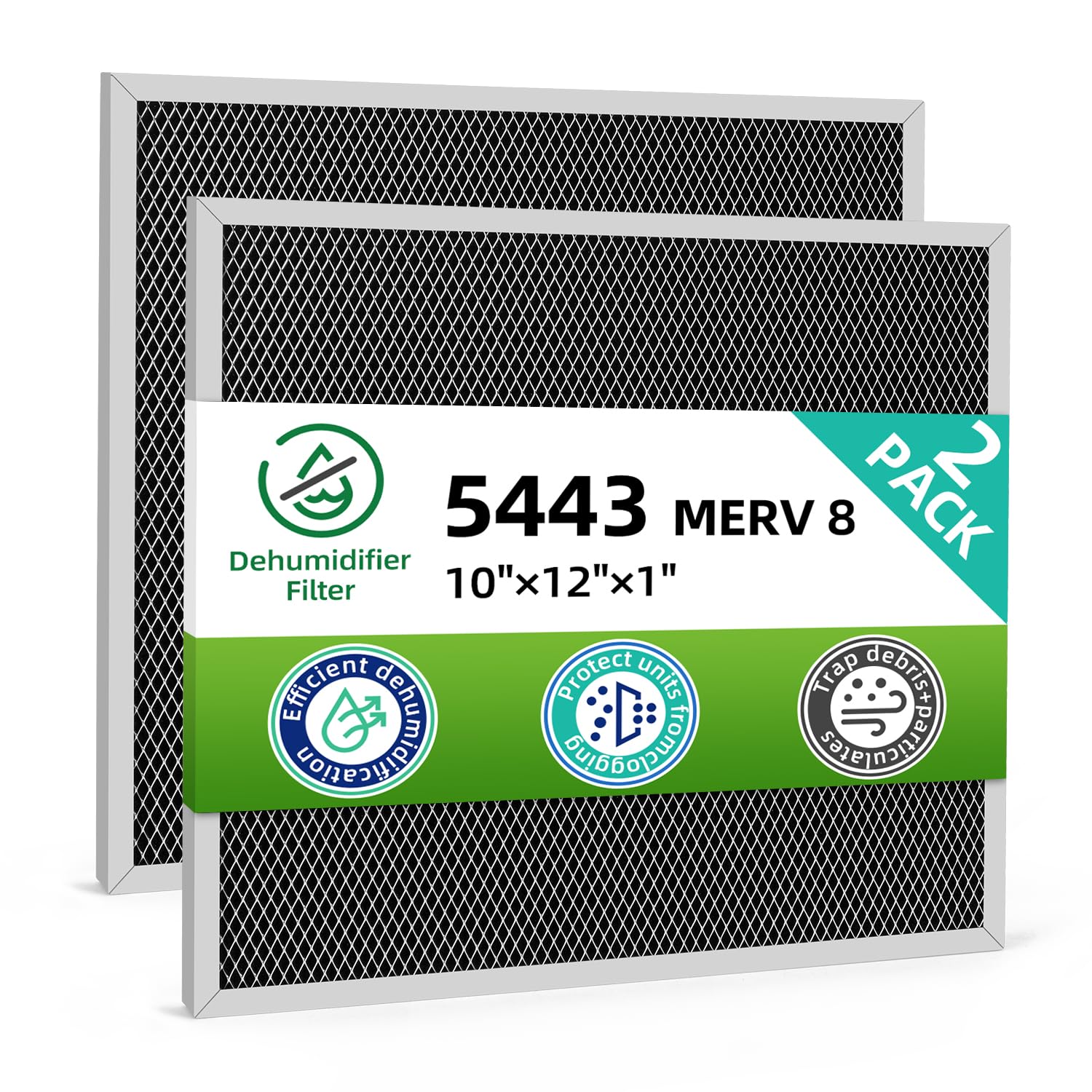 5443 Washable Dehumidifier Filter MERV 8 Compatible with Aprilaire Whole-House Dehumidifiers Models 1830 1850 1852 and Ventilation Models 8191 8192,10x12x1,2 Pack