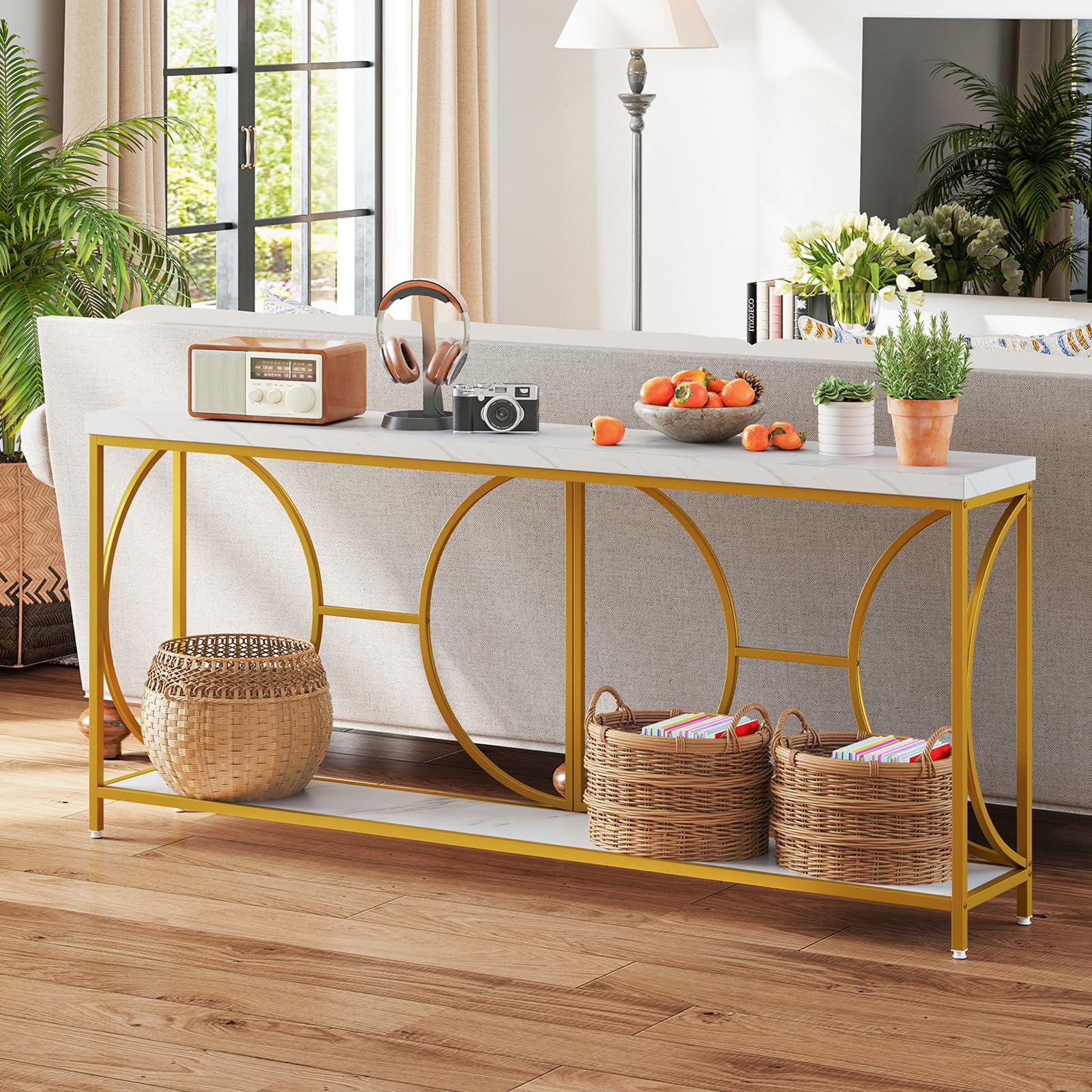 COSTWAY Mesa Consola de 2 Niveles con Superficie de Mármol Falso, Entrada Recibidor, Marco de Metal Resistente, Mesa Auxiliar Larga para Sofá, Mesa de Acento Moderna con Estante, 180 x 30 x 80 cm