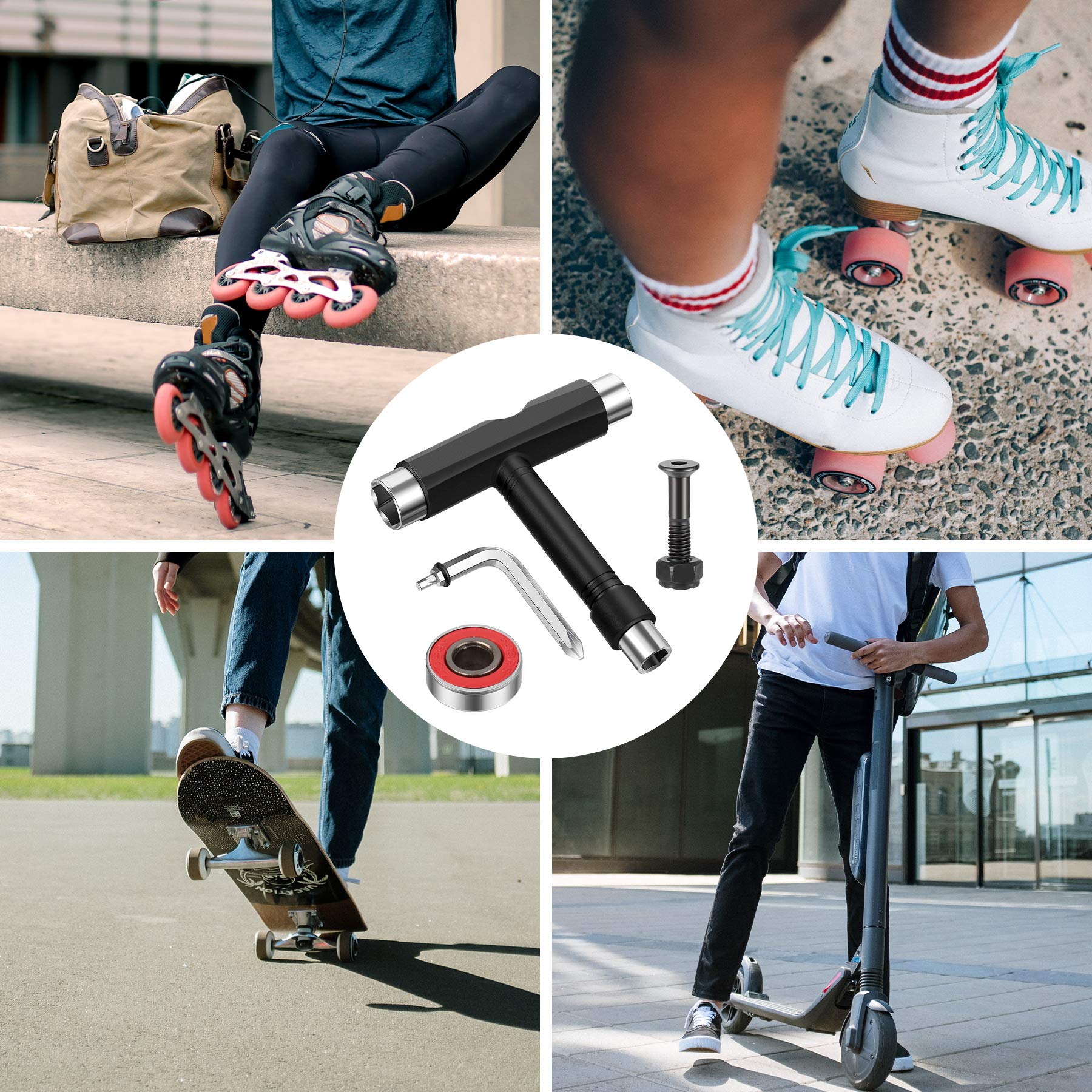 Outils de skateboard tout-en-un, 8 roulements à billes RS608, 1 clé Allen de type T, 1 tournevis cruciforme de L, 10 écrous et boulons de skateboard