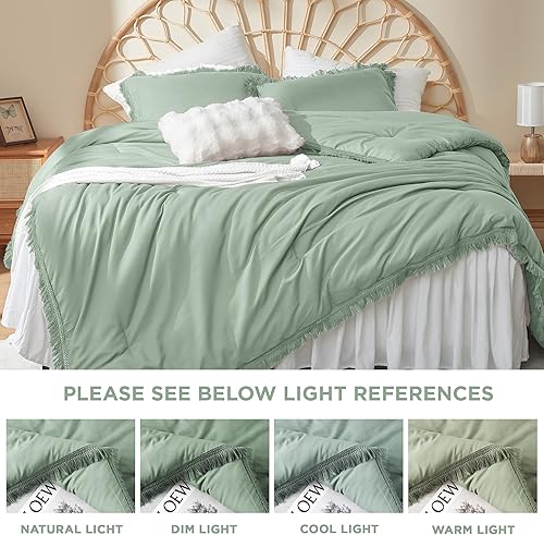 Miniatura 6 de Litanika Edredón verde salvia tamaño matrimonial, edredón bohemio con borlas estéticas de 3 piezas, juego de ropa de cama ligero de microfibra con