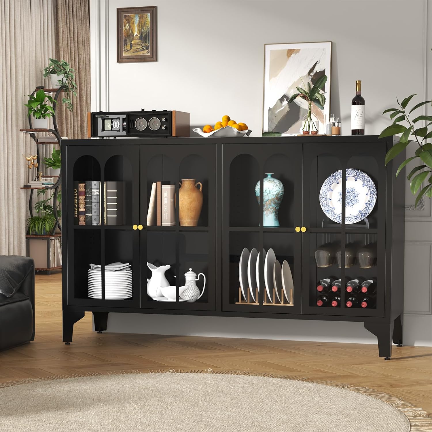 Sideboard Buffet Cabinet with 4 Glass Doors & COB Light, 53" Large Farmhouse Black Buffet Cabinet with Storage & Adjustable Shelf, Metal Accent Sideboard Credenza for Living Room