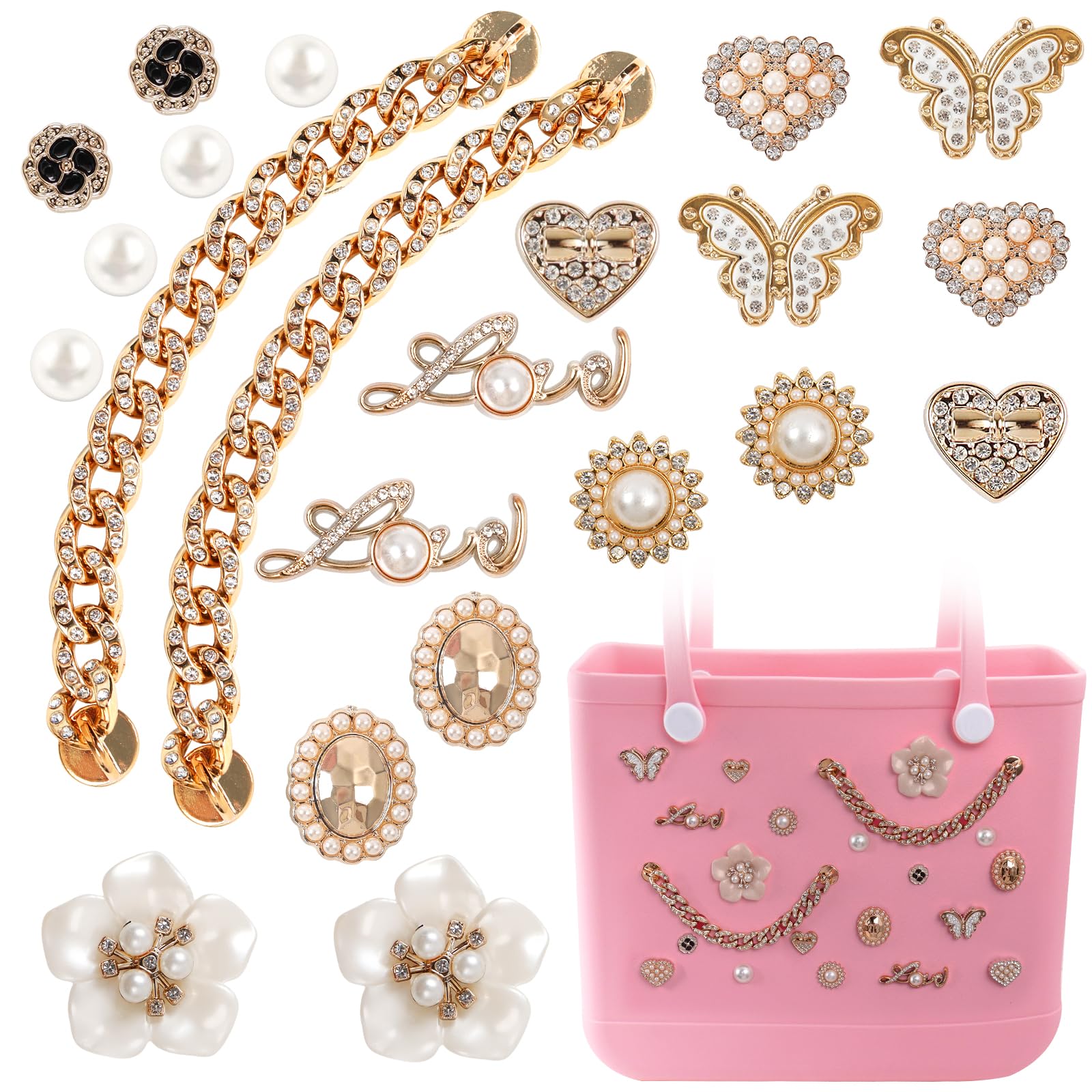 ROPCIA Charms for Bogg Bag Pearls Love Butterfly & Chain for Bogg Bag Accessories Charms Compatible with Simply Southern Beach Bag Tote Insert for
