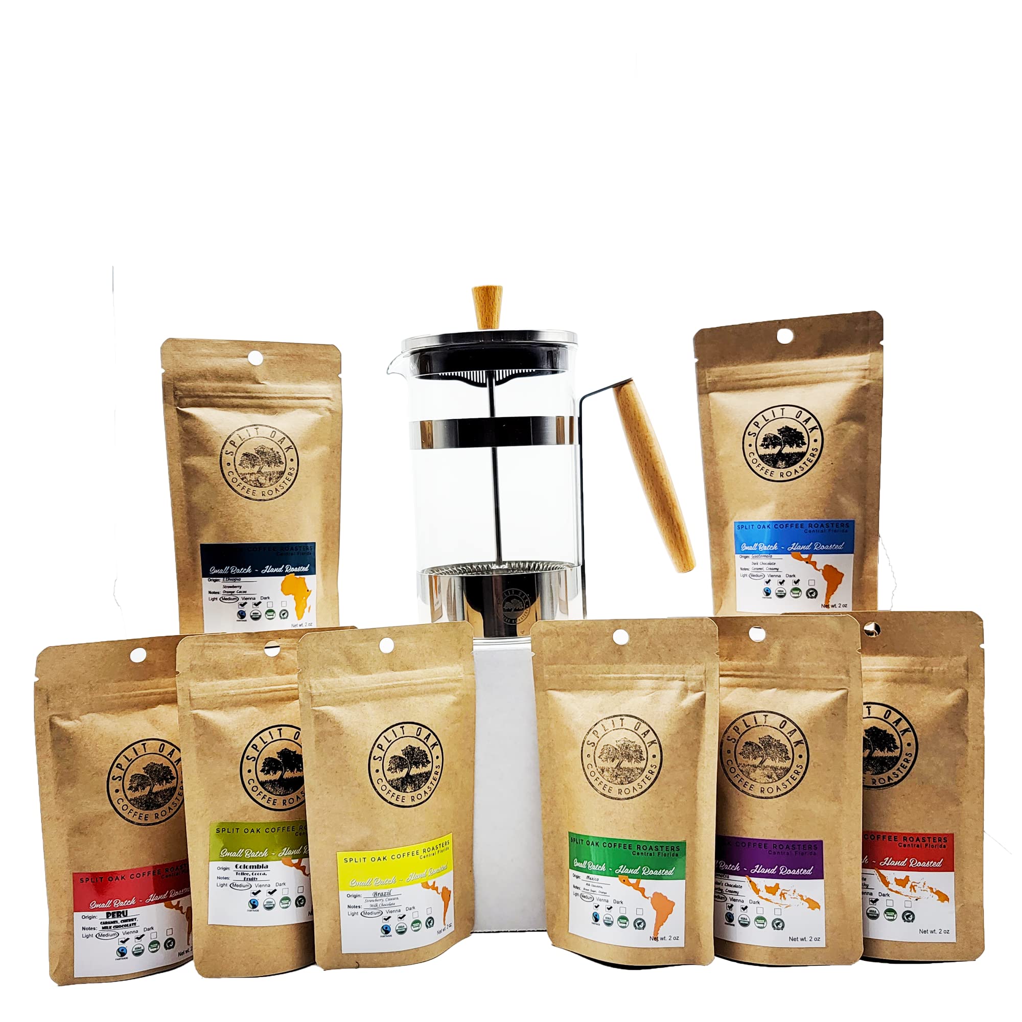 Best Coffee Gift Box Set 8 assorted coffees +1 French Press Glass