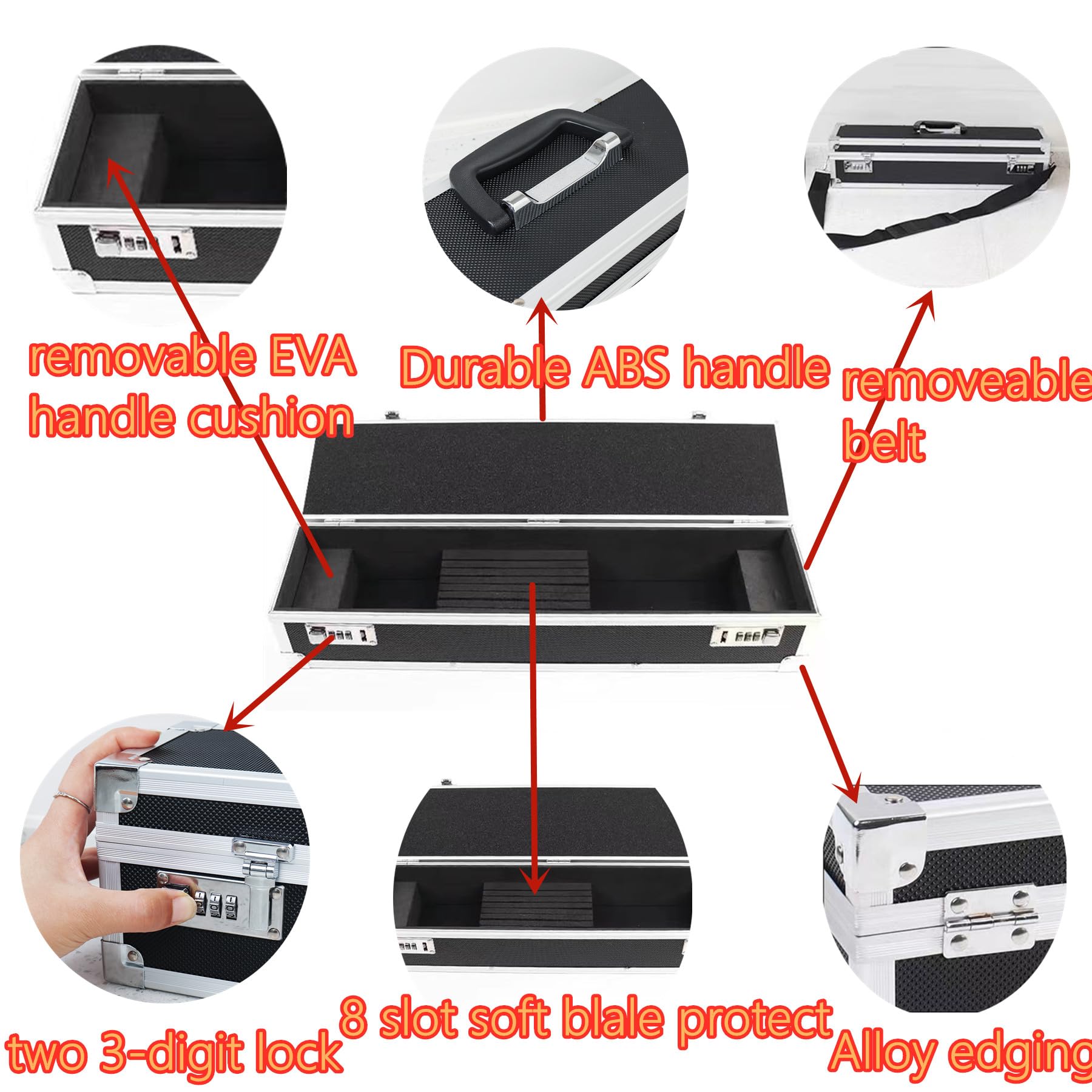 Funda rígida de aluminio para cuchillos de chef con cerraduras de doble combinación, organizador portátil de cuchillos, protectores con 8 ranuras que pueden contener herramientas de cuchillos de