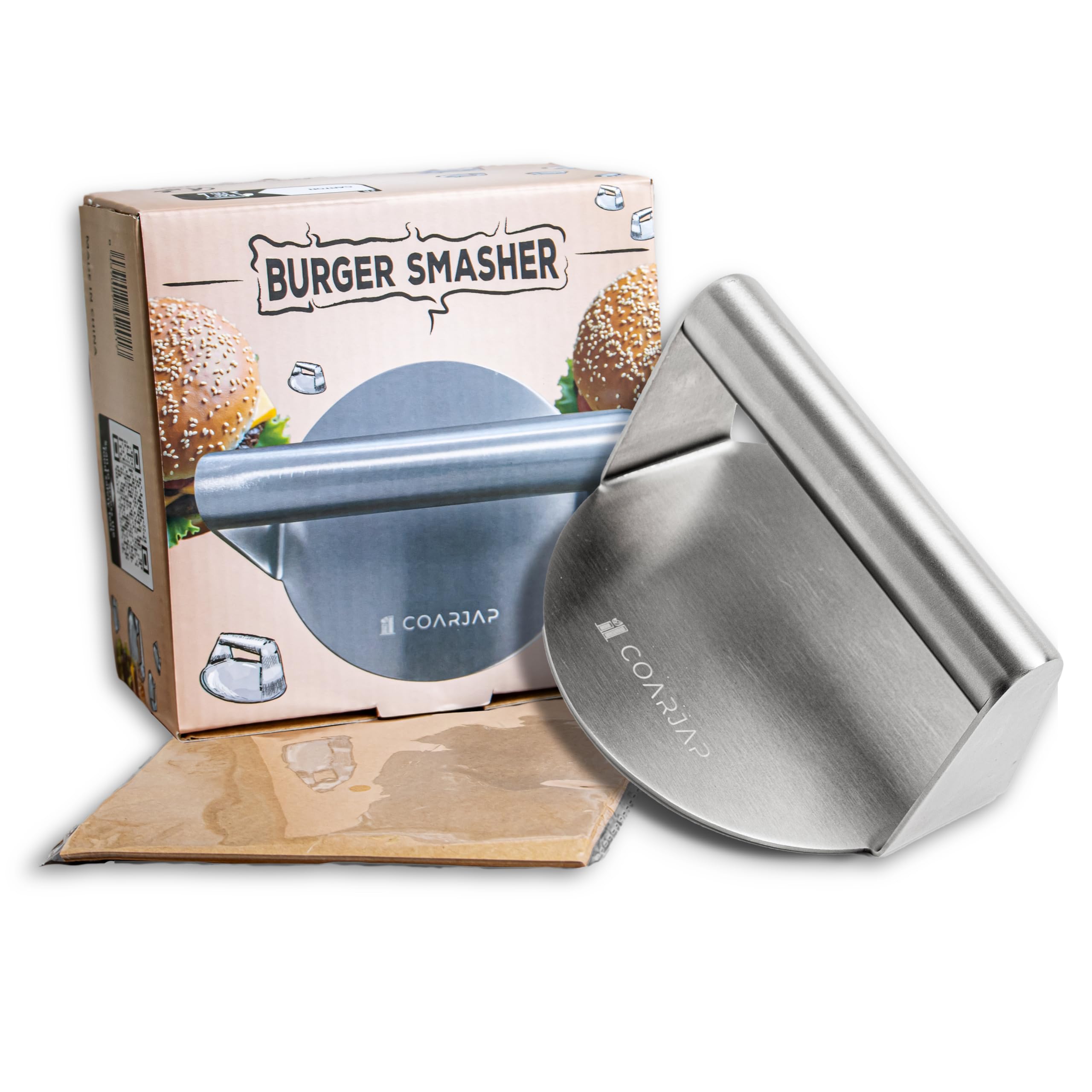 Burgerpresse Smash Burger - Burger Smasher Hamburgerpresse Edelstahl 304 – Smashed Burger Presse aus einem Stück – Inkl. 60 Burgerpapier & QR-Test lebensmittelecht – Spülmaschinenfest