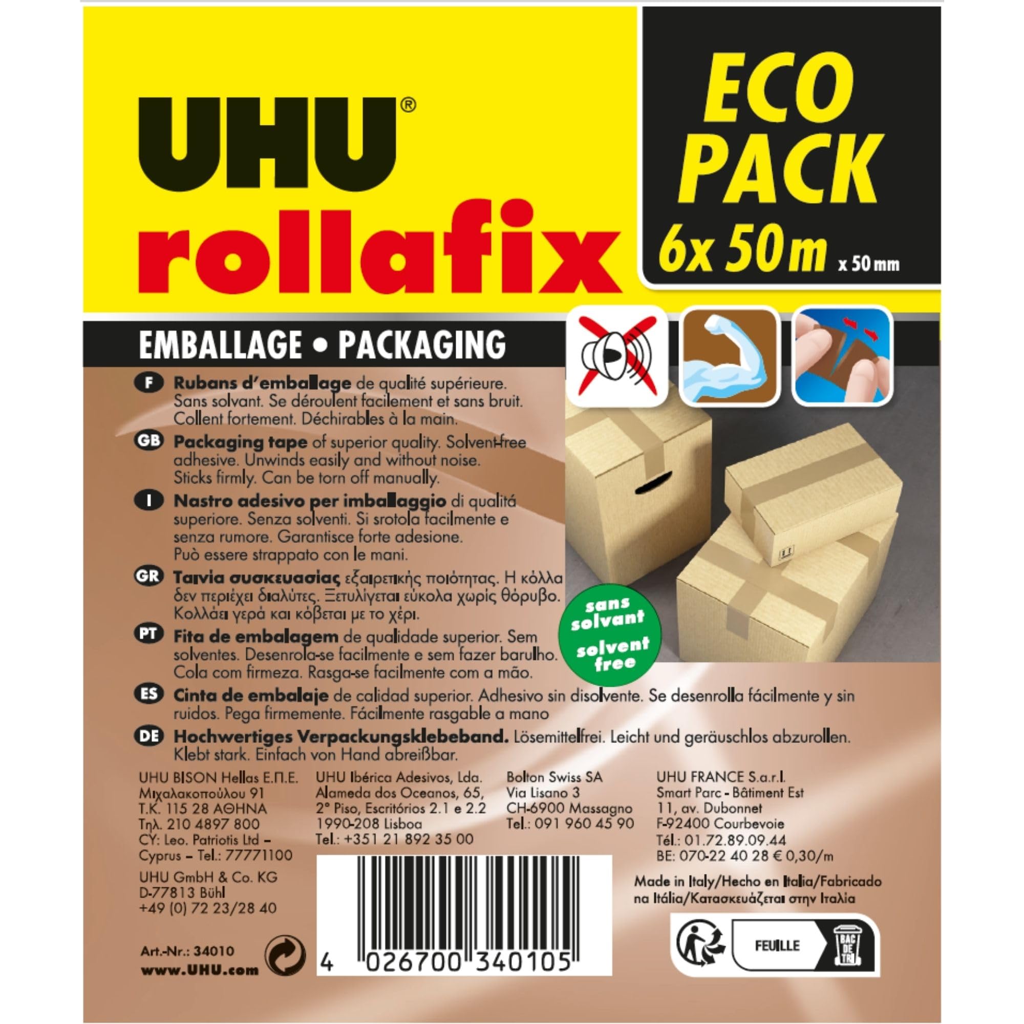 UHU Rollafix - Ruban Adhésif Marron - Emballage, Packaging - Adhérence Elevée - Sans Solvants - Se Déchire à la Main - Lot de 6 Rubans de 50 m x 50 mm