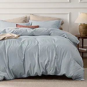 Bedsure 100% Stone Washed Cotton Duvet Cover Queen - Cornflower Blue Minimalist Duvet Cover Linen Like for All Seasons - GentleSoft™ Plain Simple Bedding (Cornflower Blue, Queen, 90"x90")