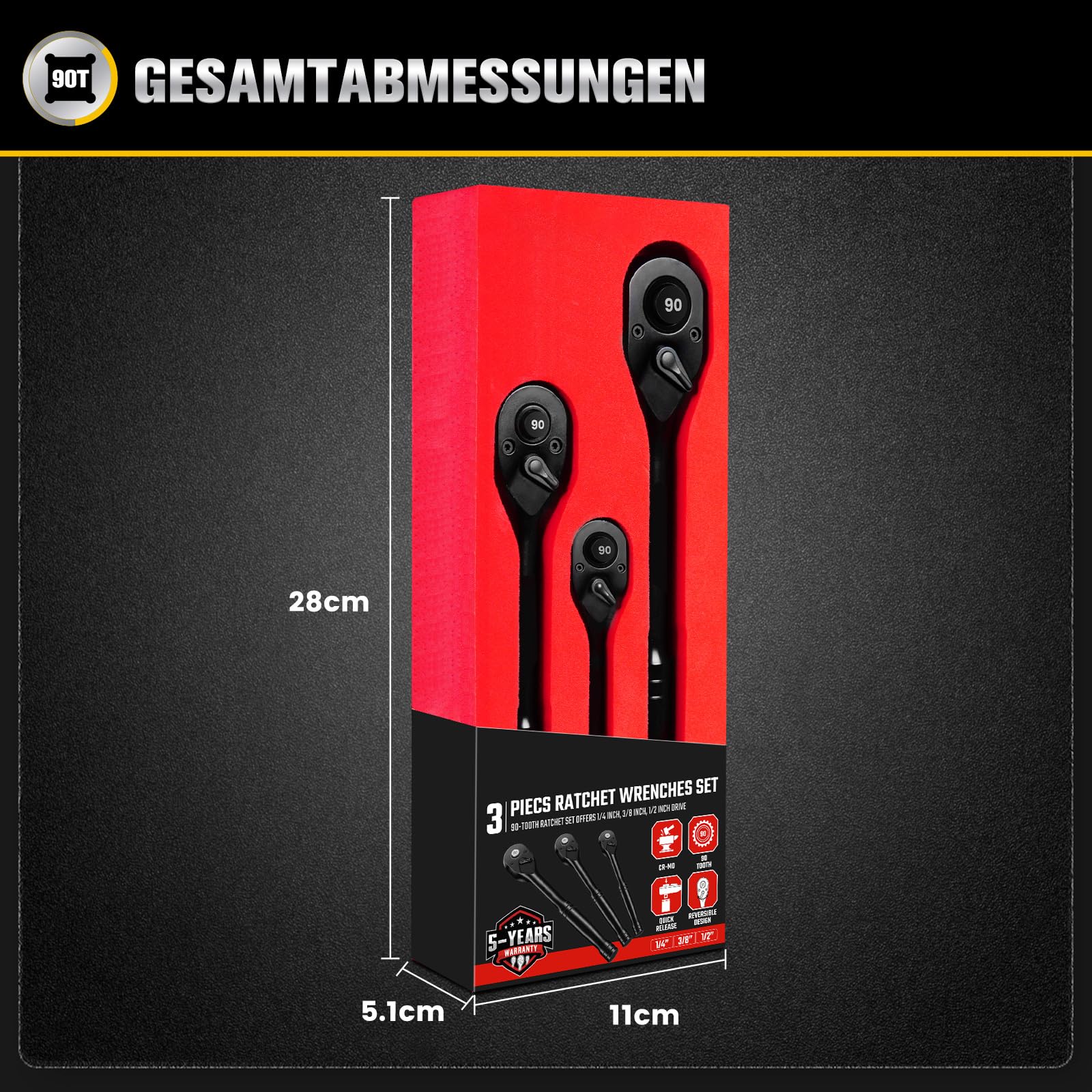 3-tlg. Umschaltknarre 1/4 zoll, 3/8 zoll, 1/2 zoll Antrieb Ratsche Knarre, 90 Zähne Ratschenschlüssel Ratschenset Mit Ergonomischer Griff und Schnellverschluss-Knopf