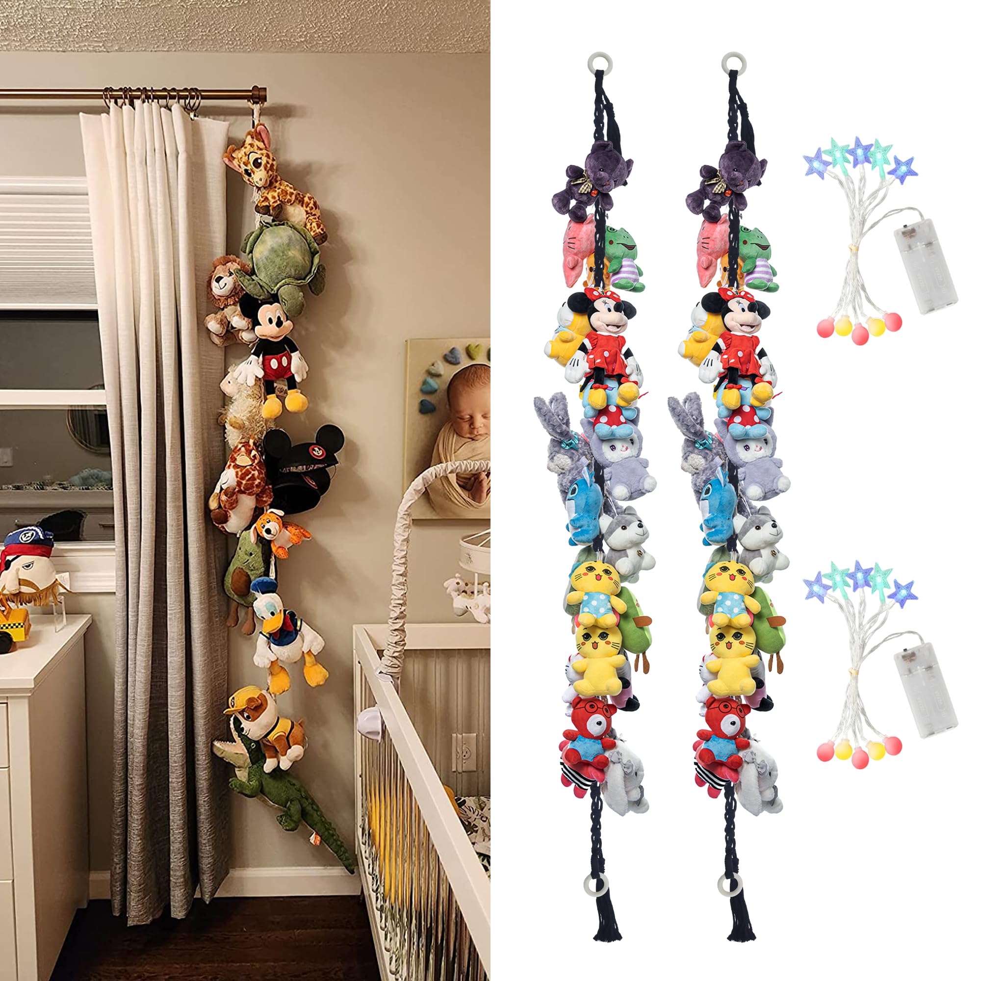 2PCS Stuffed Animals Storage Chain Organizers 80" Cotton Hanging Storage Chain with 40 Metal Clips Stuffed Animal Display Holder Chain for Wall or Corner Nursery Play Room (Black)
