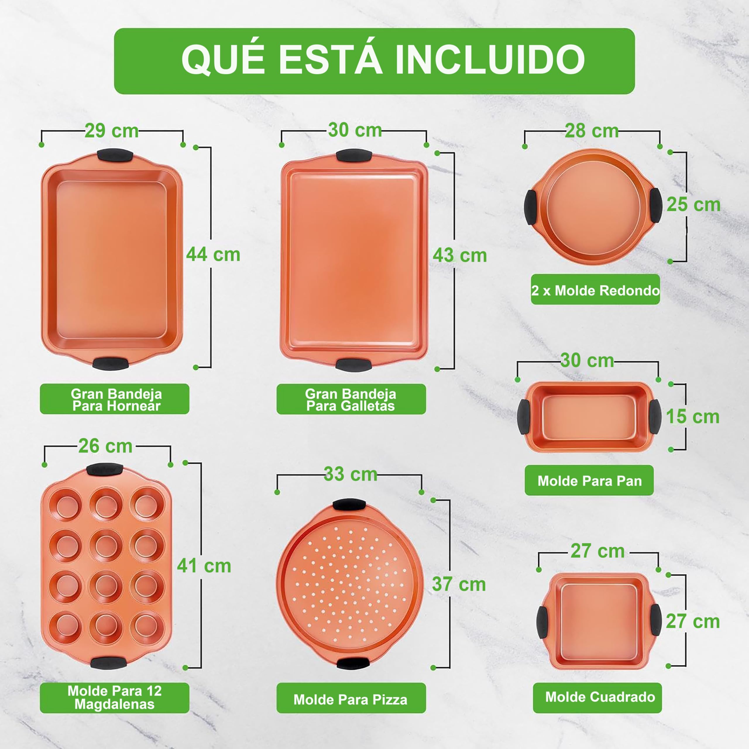 Nutrichef juego de 8 moldes, Utensilios horno, Baking set, Reposteria, Antiadherentes, Libres de PFOA, PFOS, PFTEE, Aptos para hornos hasta 230°C (450°F), Mangos de silicona