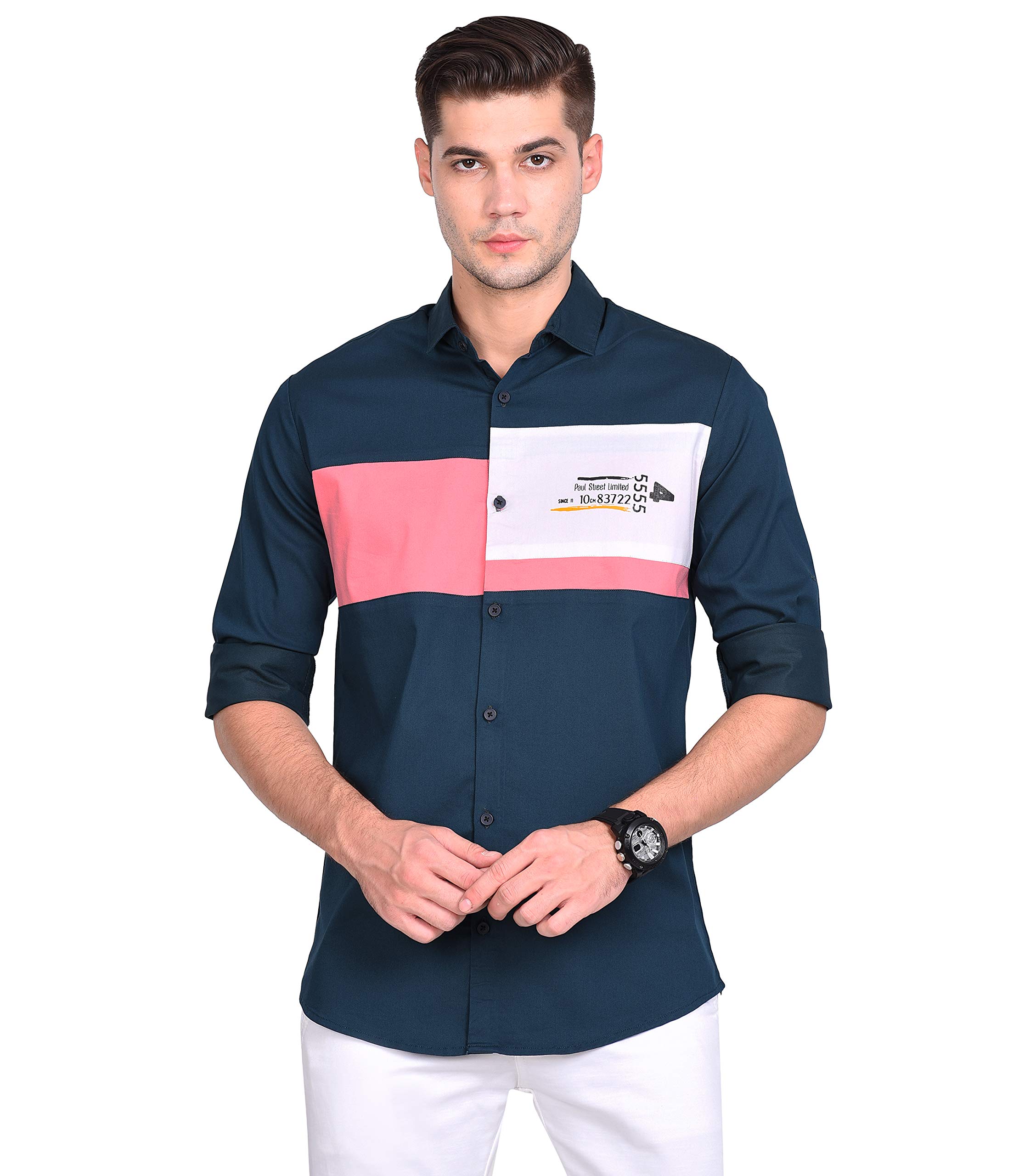 PAUL STREETTeal Blue Colour Block Shirt