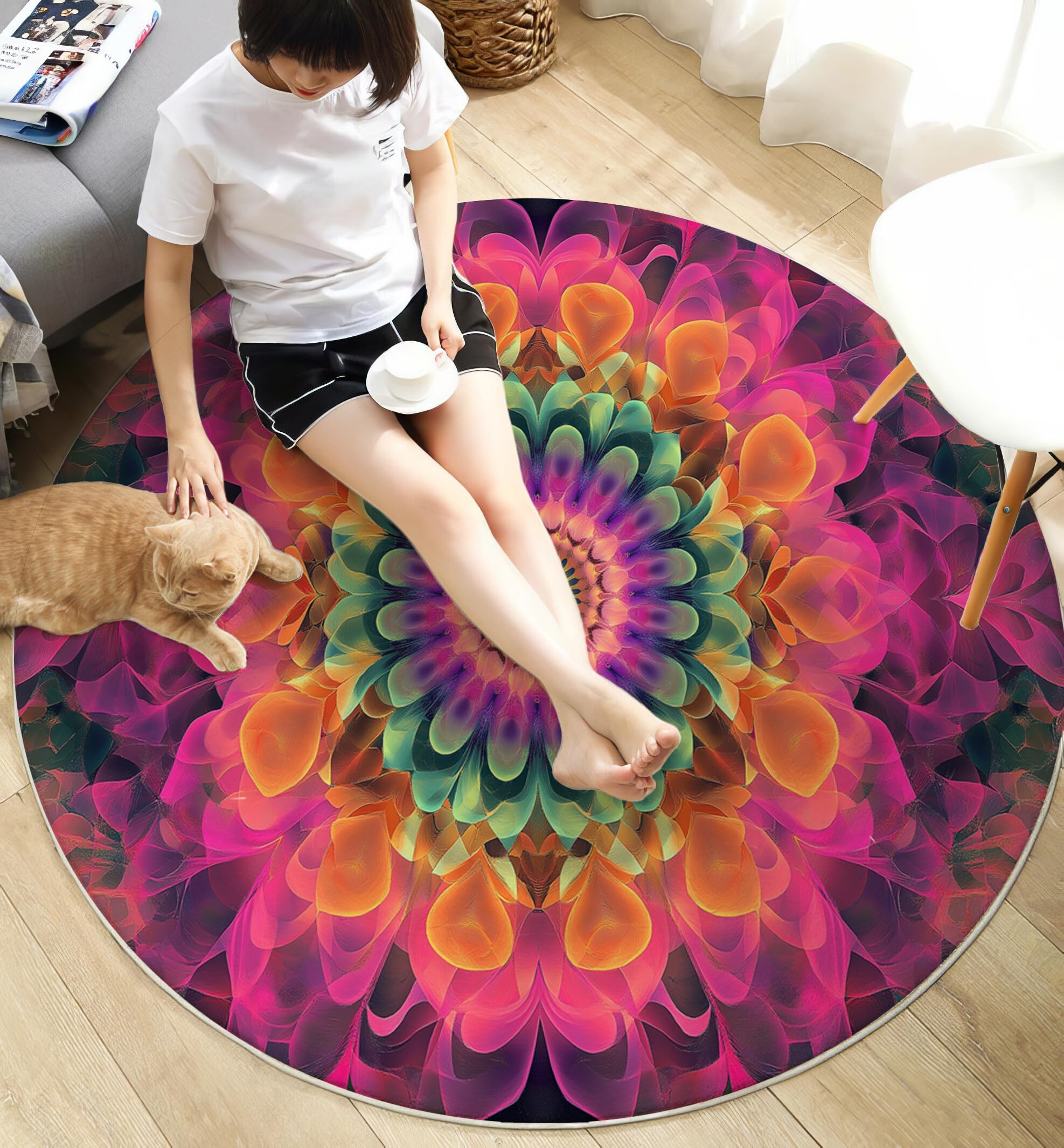 Rond Tapis Salon Rose Moquette 3D Mandala Tourbillonnant Chambre De Décoration Poil Ras Lavable en Machine Paillasson Art Psychédélique Antidérapant Salle A Manger Chambre Adulte,120Cm