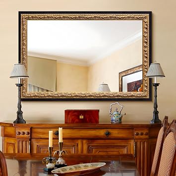 Vintage Gold Mirror 36x24, Black Decorative Mirror for Vanity with Gold Foil Carvings Solid Wooden Frame, Antique Handmade Aging, for Luxe Living Room, Entryway, Bathroom and Bedroom