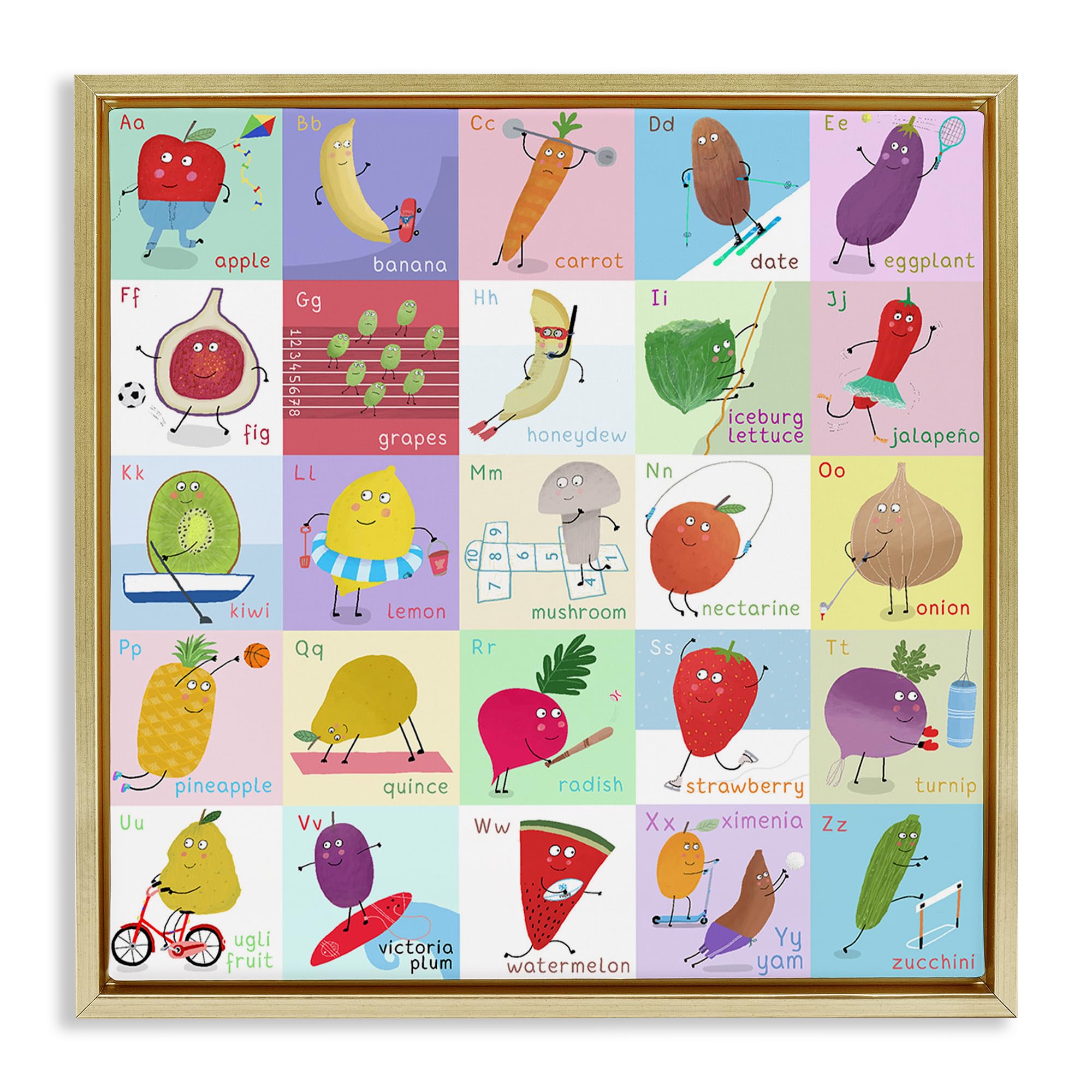 Stupell Industries Metallic Gold (Matte) 'Sporty Fruit Educational'| Floating Frame Canvas Art