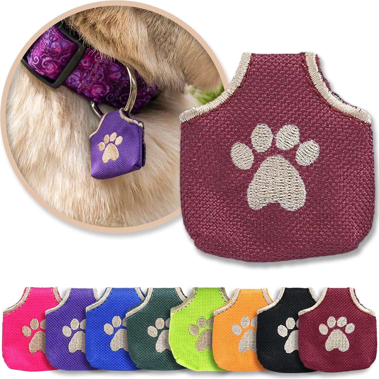Woofhoof’s Dog Tag Silencer, Quiets Dog ID Tags, for Dogs and Cats, Burgundy Pawprint, 1.75 x 1.75 x .25