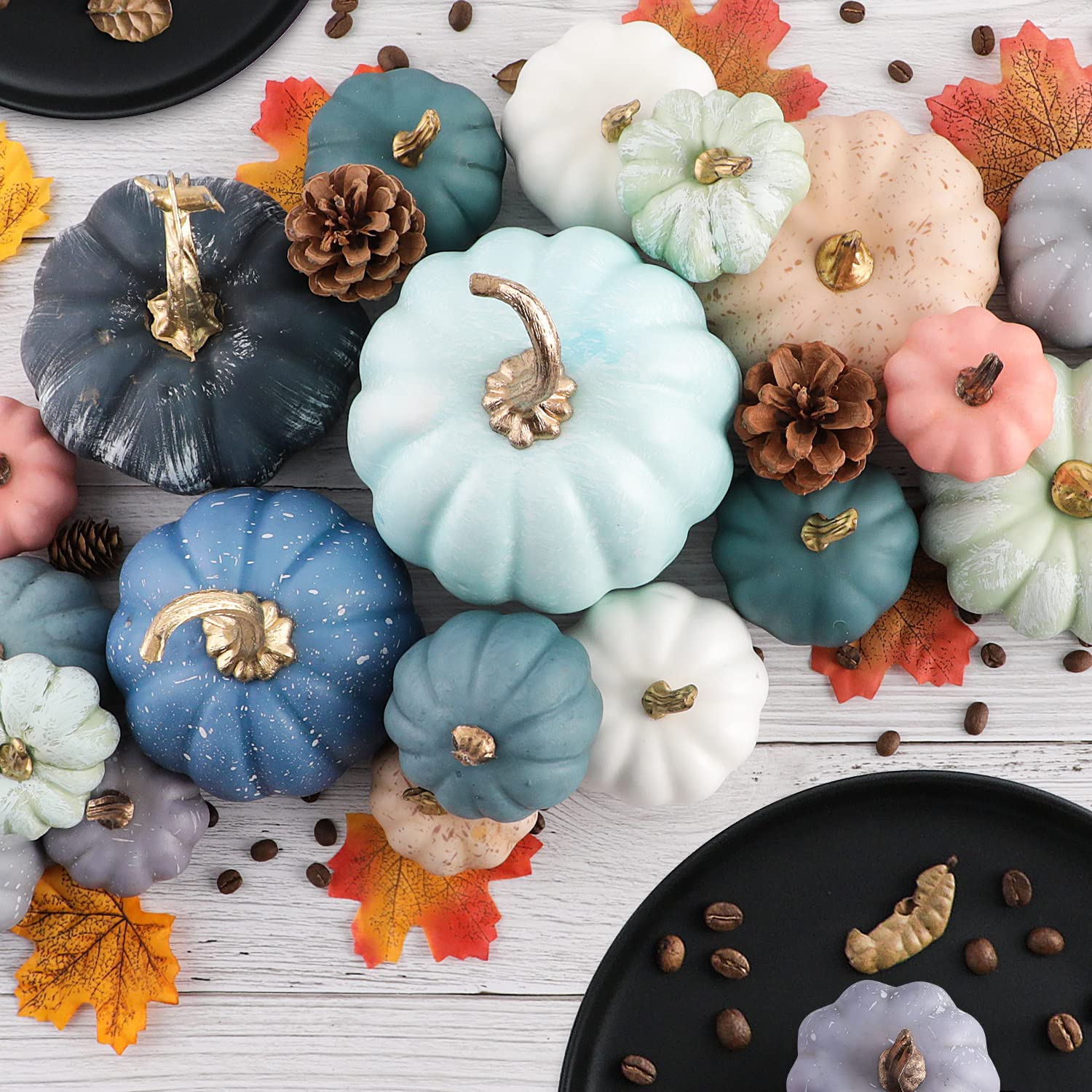 Benjia Pumpkin Autumn Decorations 17pcs, Decorative Large Small Outdoor Blue Green Pink Teal Foam Plastic Fake Faux Artificial Pumpkins for Halloween Fall Harvest Festival Home Table Decor