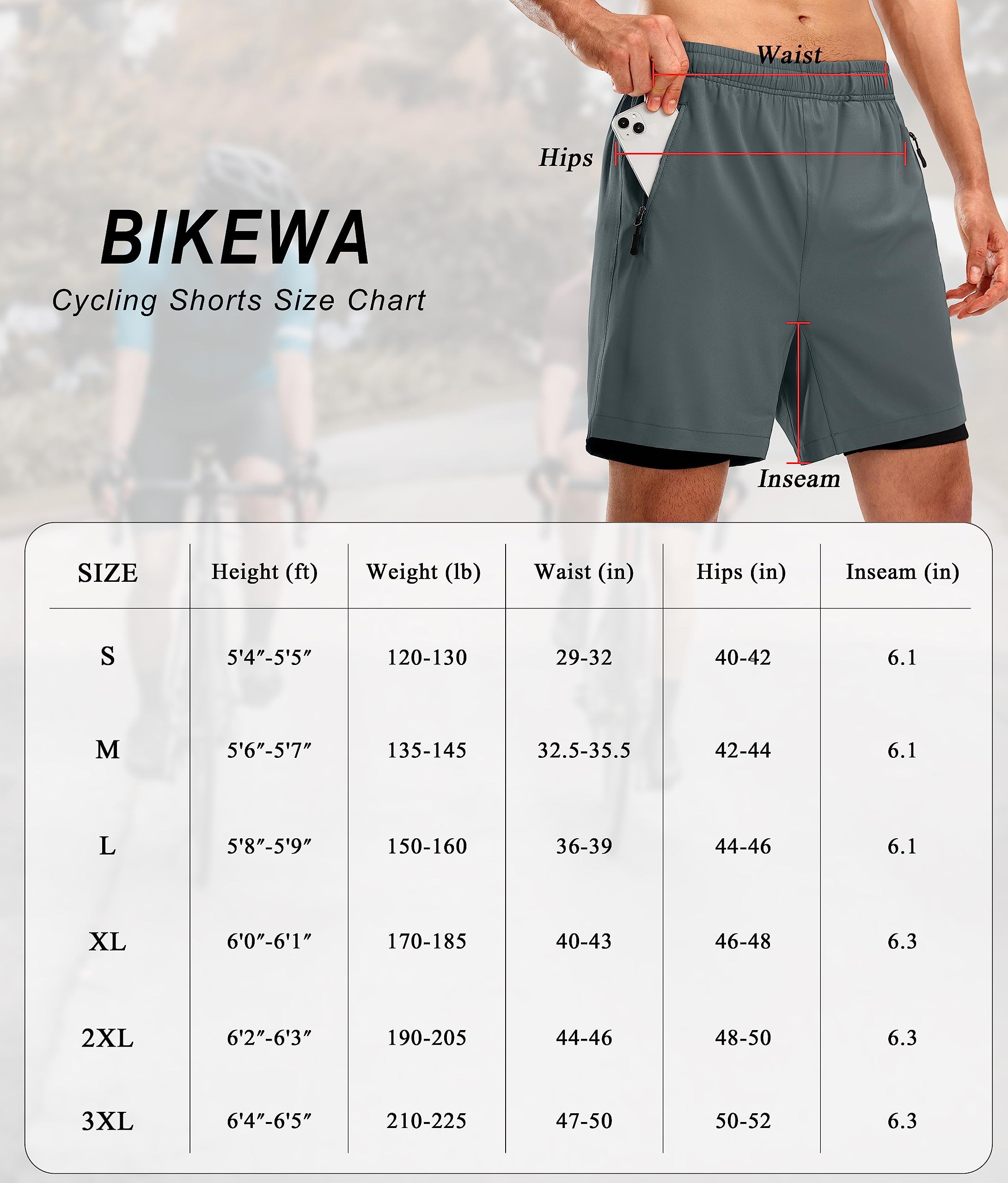 Bikewa Pantaloncini da mountain bike da uomo imbottiti 3D larghi vestibilità ampia equitazione ciclismo pantaloncini da uomo tasche con cerniera