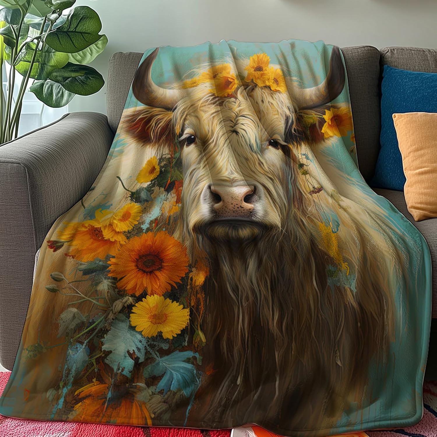 Floral Highland Cow Blanket Cow Sunflower Farm Barn Fleece Blanket for Women Queen Size Blanket Baby King Size for Kids Teenage Girl(49"x59") - Image 3