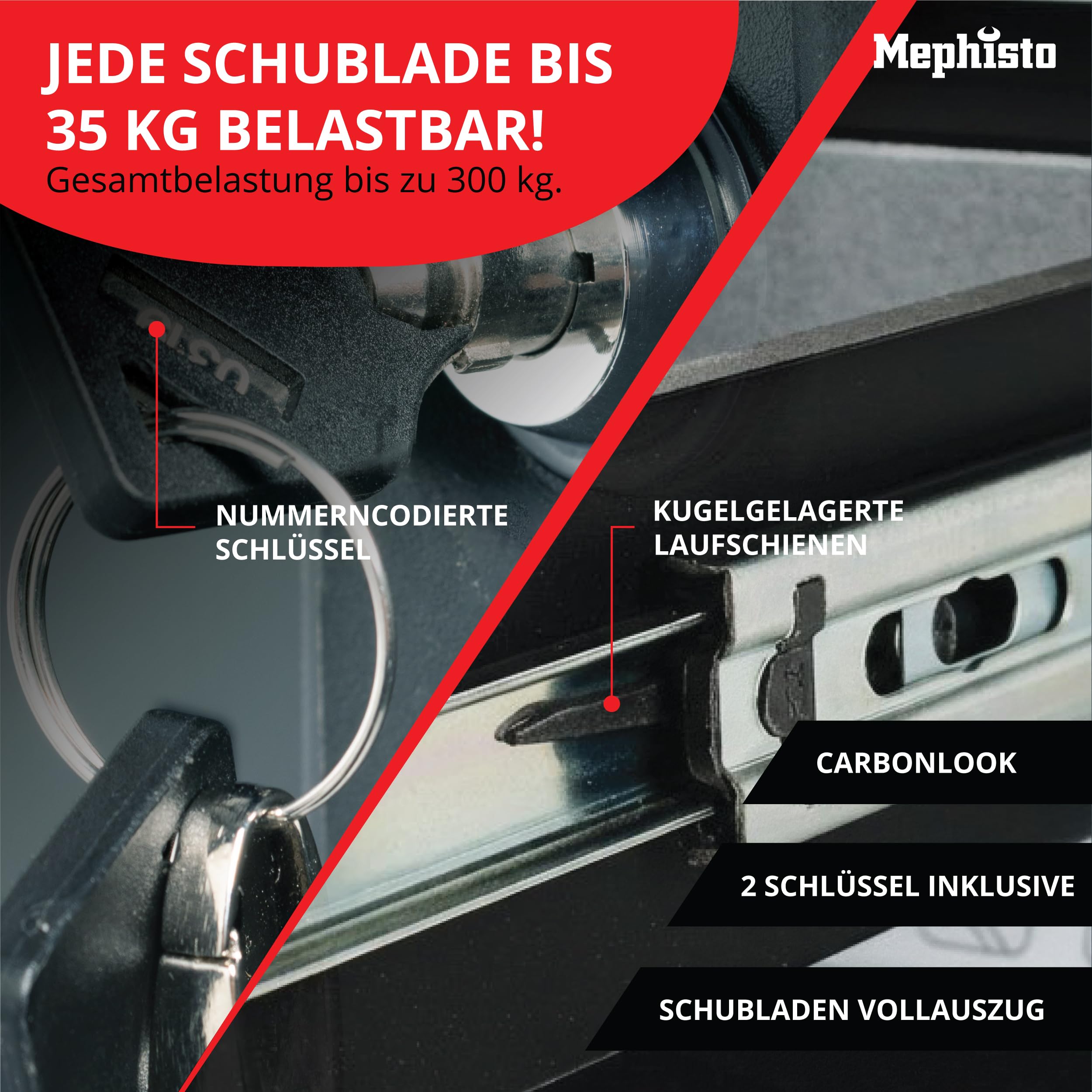 Mephisto XXL Werkzeugwagen Werkstattwagen mit 7 Schubladen Davon 7 mit Werkzeug wie Schraubenschlüssel, Ratsche mit Nusskasten, Schraubendreher usw. in Soft Inlays in Carbonoptik gefüllte Schubladen
