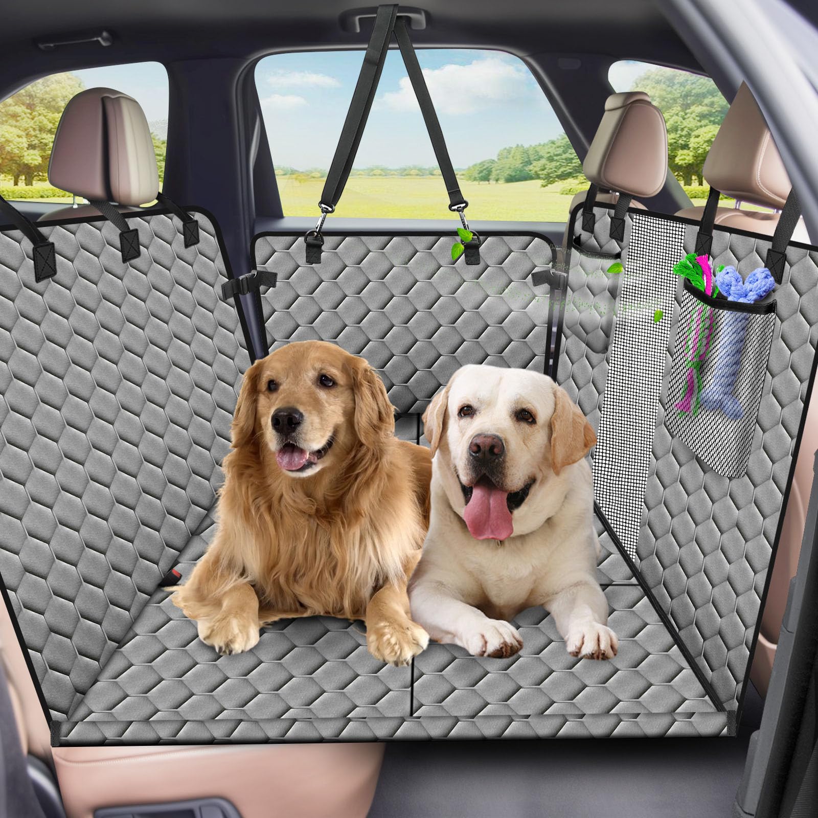 Xevera Back Seat Extender for Dogs Large Space Dog Car Seat Cover with Hard Bottom, Sturdy Backseat Extender for Dogs Waterproof Dog Hammock for Car SUV (Grey)
